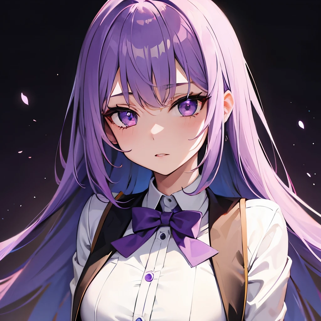 Girl, long light purple hair, violet eyes, sharp features, white skin, school uniform