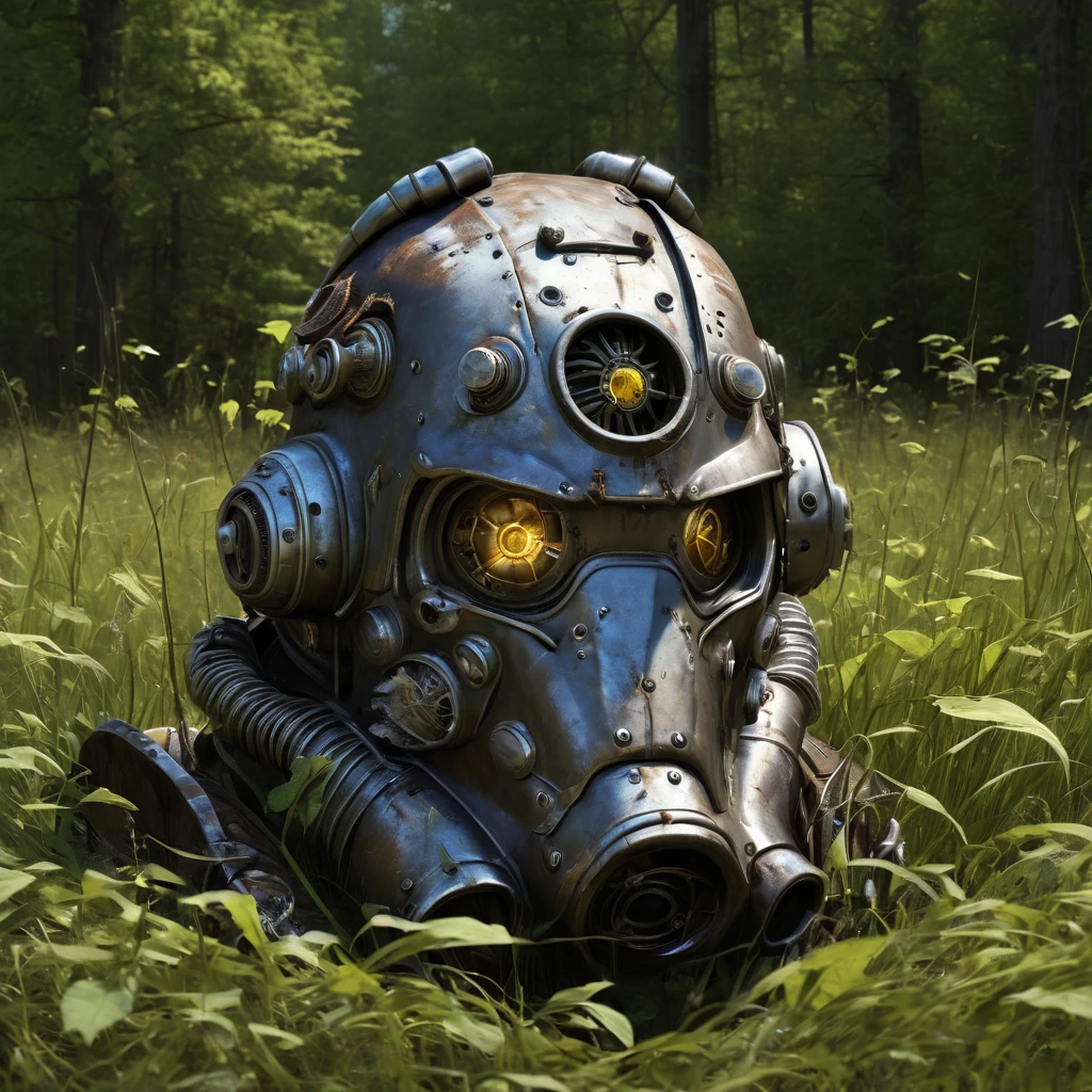 High Resolution, High Quality, Masterpiece. Steel Brotherhood power armor mask from "Fallout, " rusted, broken with a pierced eyecup, embedded in tall grass, entwined by bindweed, cornflower sprouting through the hole, text "game  over" floating above, hyper-detailed, 32k resolution, digital painting, ultra-fine details.