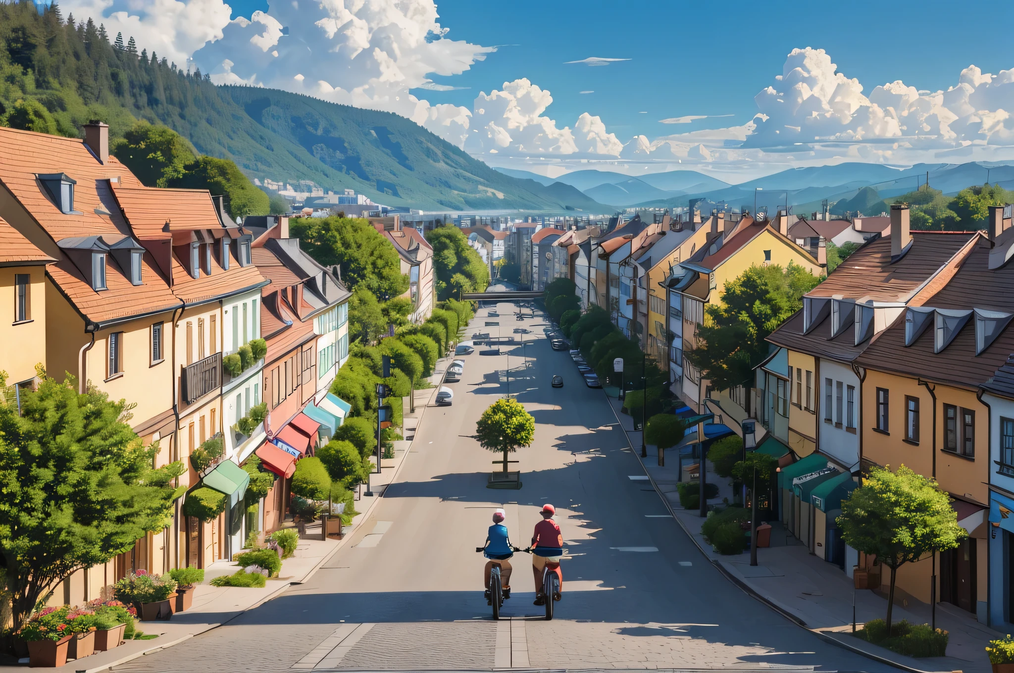 A small town in Poland,housing estates,housing estate seen from above,(best quality,4k,8k,highres,masterpiece:1.2),ultra-detailed,(realistic,photorealistic,photo-realistic:1.37),crisp and vibrant colors,soft sunlight shining on the buildings,wide perspective,well-maintained houses with colorful facades,green trees and gardens between the buildings,children playing in the streets,community atmosphere,lively and bustling town square,bustling outdoor cafes and restaurants,historical landmarks and architecture,old cobblestone streets,charming European architecture,delightful local shops and boutiques,bicycle lanes and pedestrian-friendly streets,public parks and green spaces,public transportation like buses,trams and trains,clear blue sky with fluffy white clouds,calm and peaceful atmosphere,tranquil neighborhoods,friendly and welcoming residents,rich cultural heritage,traditional Polish elements,intertwined with modern amenities and infrastructure,breathtaking views of the surrounding countryside,rolling hills and lush forests in the distance,serene lakes and rivers nearby,a sense of community and togetherness in the town,cozy and comfortable living environment,harmonious blend of nature and urban living.