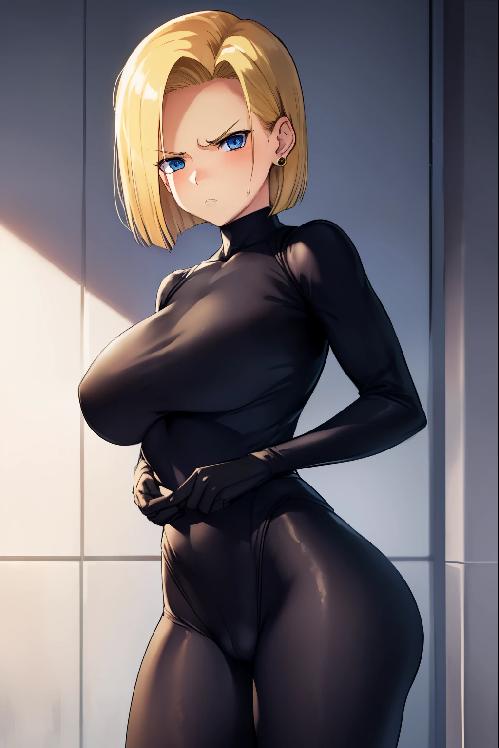 highest quality, High resolution, AND18, 1 girl, android 18, alone, golden hair, blue eyes, short hair,earrings,big breasts, frown,embarrassed face, Sweat,1 girl, Black tight suit, streak,looking at the viewer,