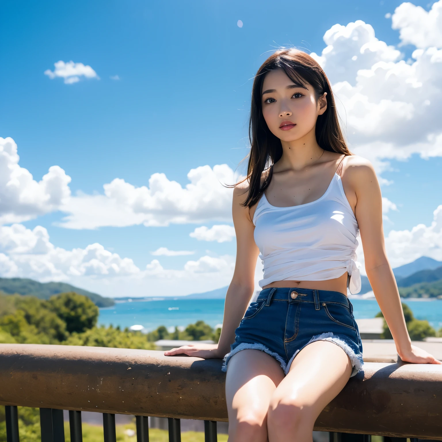 (RAW photo, highest quality), masterpiece, very delicate and beautiful, very detailed, 2k wallpaper, wonderful, finely, very detailed CG unity 8k wallpaper, Super detailed, High resolution,1girl, long hair, White hair, red eyes, jitome, flat chest, sitting, on park, day, blue Sky, clouds, black shorts, White shirt, long legwears, camera