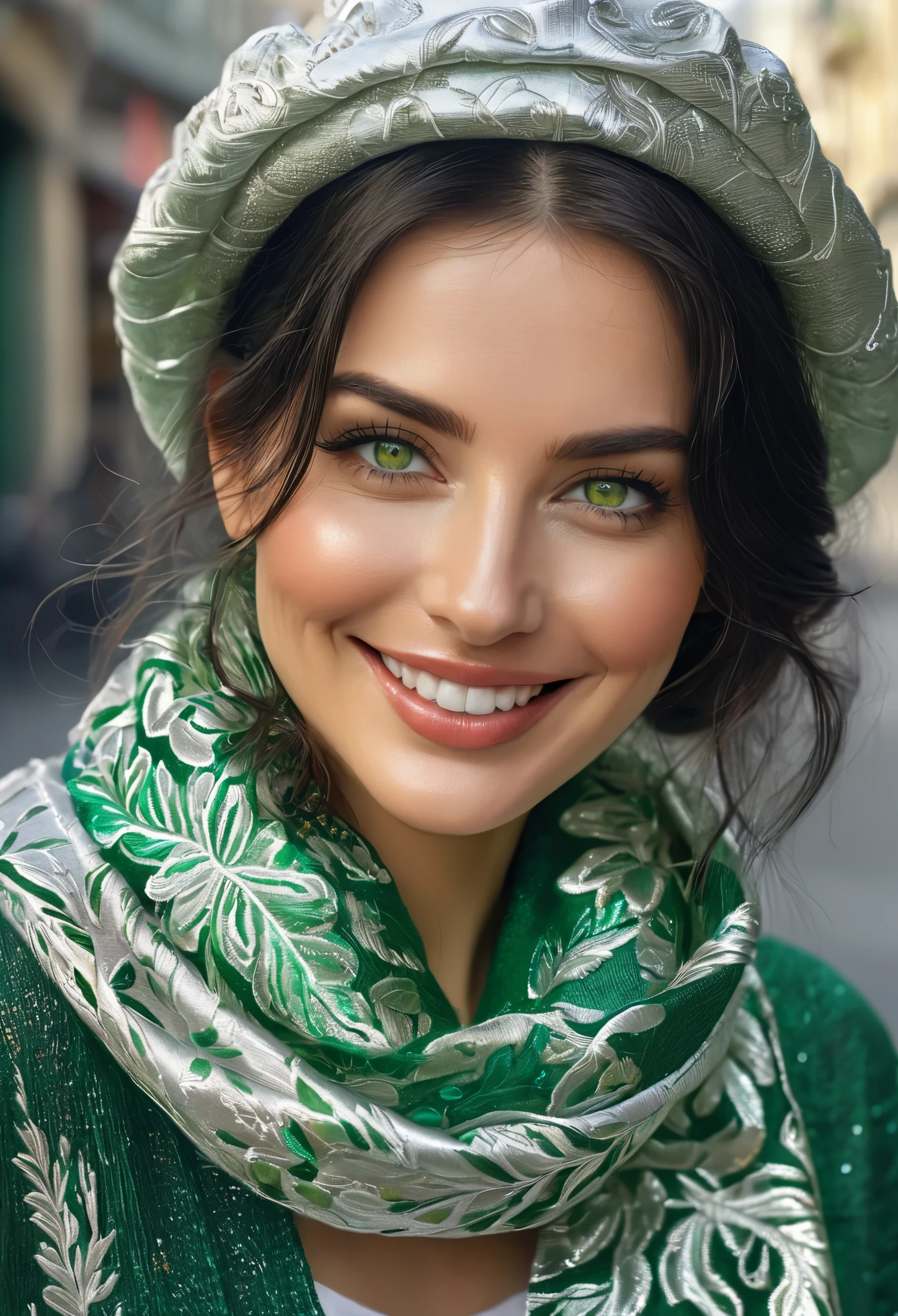 Charming beauty 40+,,dark hair, large radiant green eyes,smile,beautiful cardigan silk jacquard lurex silver with embroidery,Lightweight Scarf,in the city,cap,the shops,amazingly tender, aesthetically pleasing,dark botanical,grunge,Bohemian style,exquisitely,stylishly,watercolor,Drawing,photorealism,чёткая Drawing,Pixel study, realistically,high quality, hyper detail, filigree,haze,Lvitsa art,hyperrealism,digit art,professional photo