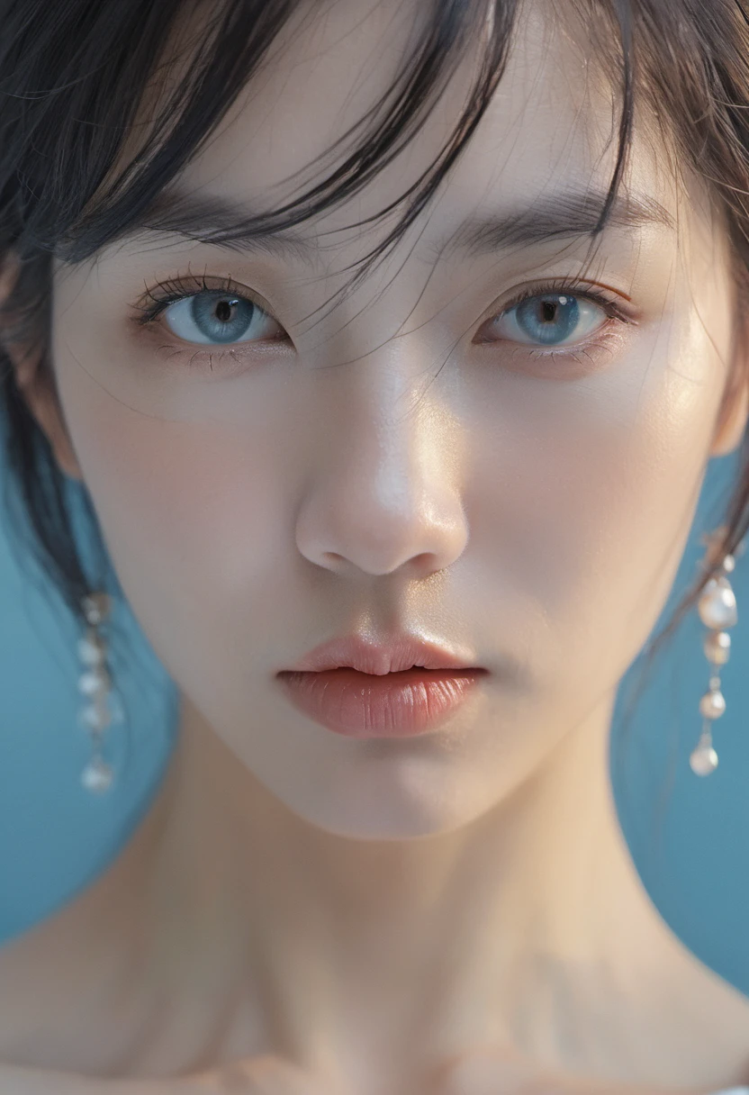 xxmixgirl, close-up of woman, In the style of V-raytracing, Edward Cucuel, miki asai, light silver and light blue, bright woman, short hair, Low - Angle, paul hedley