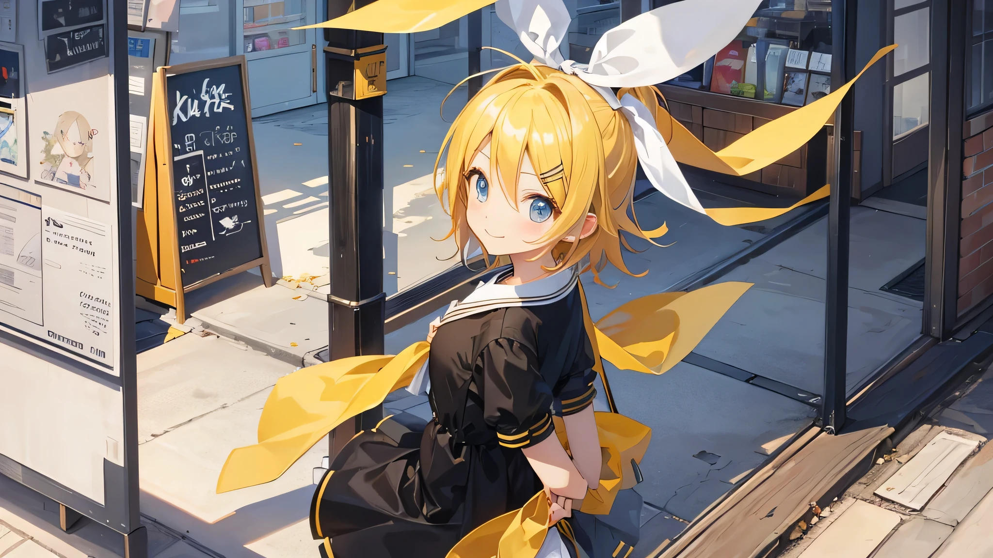 highest quality、CG、4k、Kagamine rin、whole body、Shyness、street、morning、smile