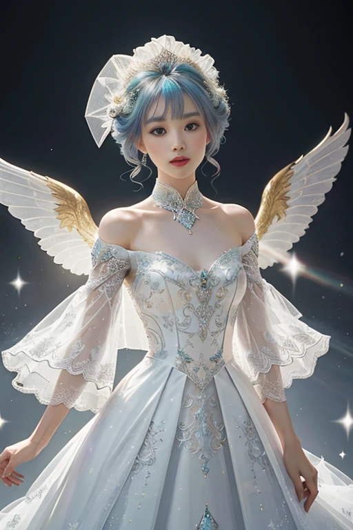 Women are depicted in an enchanting smart fashion photo, donning a Fairy Swirl White Wedding Dress with golden Phoenix accents. Inspired by top runway models, the photographer expertly wields composition to captivate the audience's attention. This masterpiece is also influenced by the artistic style of Yaniun Cheng, showcasing inspiring texture usage. The Mother-of-pearl iridescent color uniformly glows, and a unique repeating pattern adorns the dress, making it pop against the holographic white background. The realism of the photo exudes a magical, surreal atmosphere, bringing the Fairy Swirl White Wedding Dress to life.