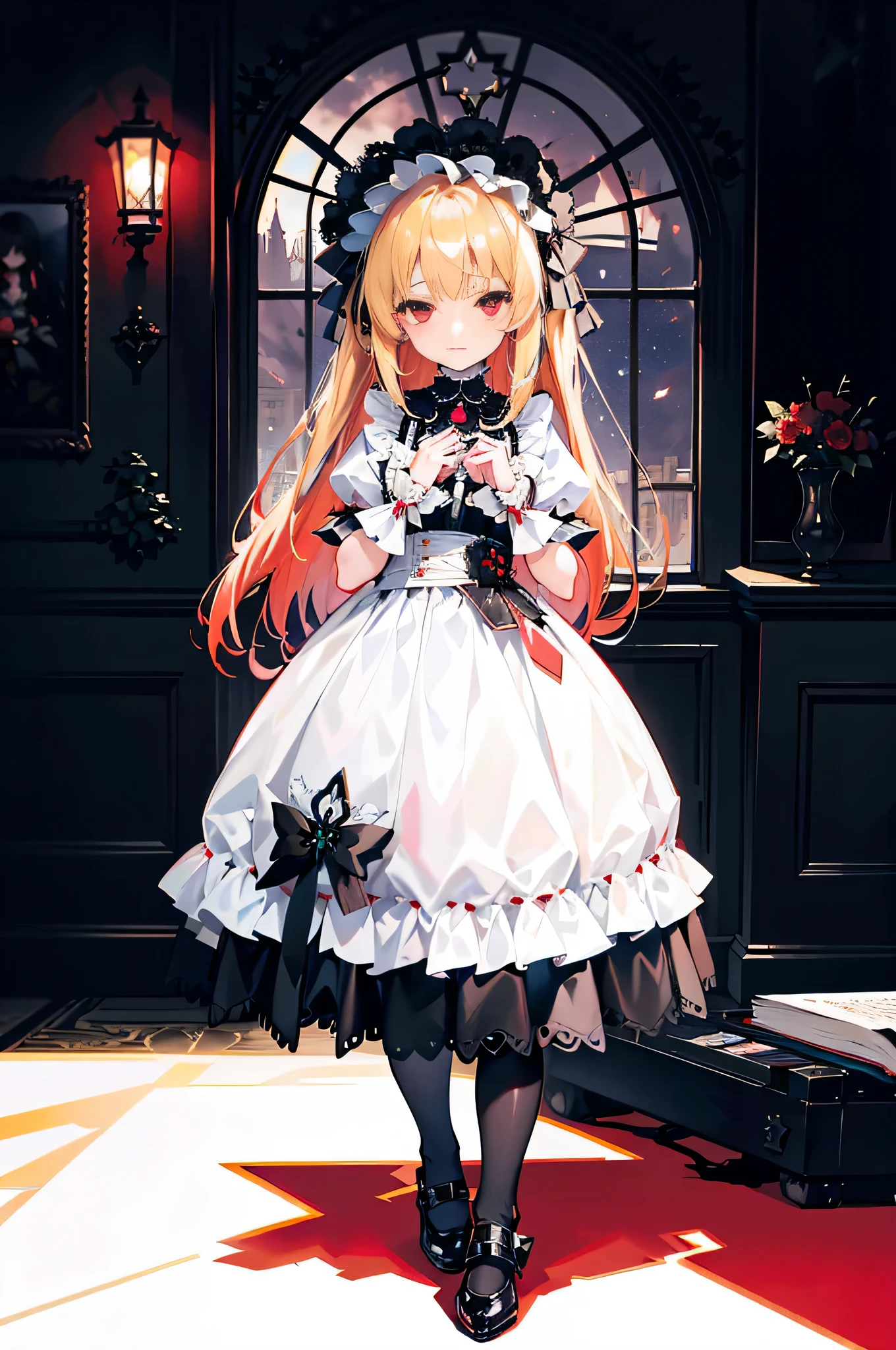 Lolita Gothic,Black pleated skirt,profile,incredibly_absurderes,Ray tracing,{Best quality}, {{Masterpiece}}, {A high resolution}, Original, Extremely detailed 8k wallpaper, 1girll, {An extremely delicate and beautiful},,Ray tracing,{Best quality}, {{Masterpiece}}, {A high resolution}, Original, Extremely detailed 8k wallpaper, {An extremely delicate and beautiful},,incredibly_absurderes,Colorful,intricately details,art book,,{Best quality}, {{Masterpiece}}, {A high resolution}, Original, Extremely detailed 8k wallpaper, {An extremely delicate and beautiful},,full body,Perspective,very wide angle shot,Overall view,,Red Moon,Starry sky,clusters of stars,Starry sky,glistening stars,,chies,A high resolution,Masterpiece,art of light novel,art of light novel,Vampire,,lolita fashion,neat figure,Slender waist,Long hair,Red eyes,Blonde_Hair,looking at the distance,standing,hiddenhands,hiddenhands,Slim legs,Knees Together,Serious,Beautiful detailed eyes,Gothic_Lolita,Pleated skirt,,mary_janes,lace-trimmed_mitts,maid headdress,hair adornments,Cross necklace,cloaks ,Tiny_chest,Tiny_chest,ahoge,leg loops,