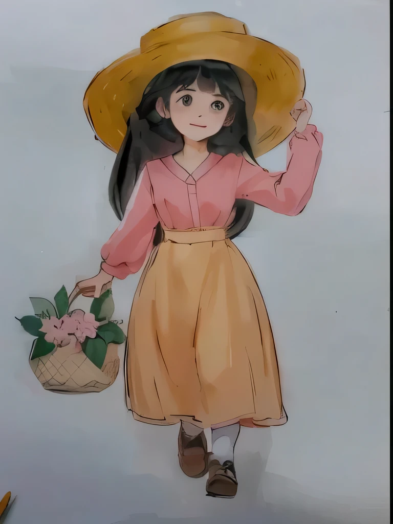 a drawing of a girl in a hat and dress holding a basket, traditional drawing style, traditional art, with straw hat, full color drawing, character is in her natural pose, inspired by Kim Du-ryang, color drawing, style in ghibli anime style, beautiful character painting, drawing style, dressed with long fluent clothes, colored drawing, style in ghibli anime