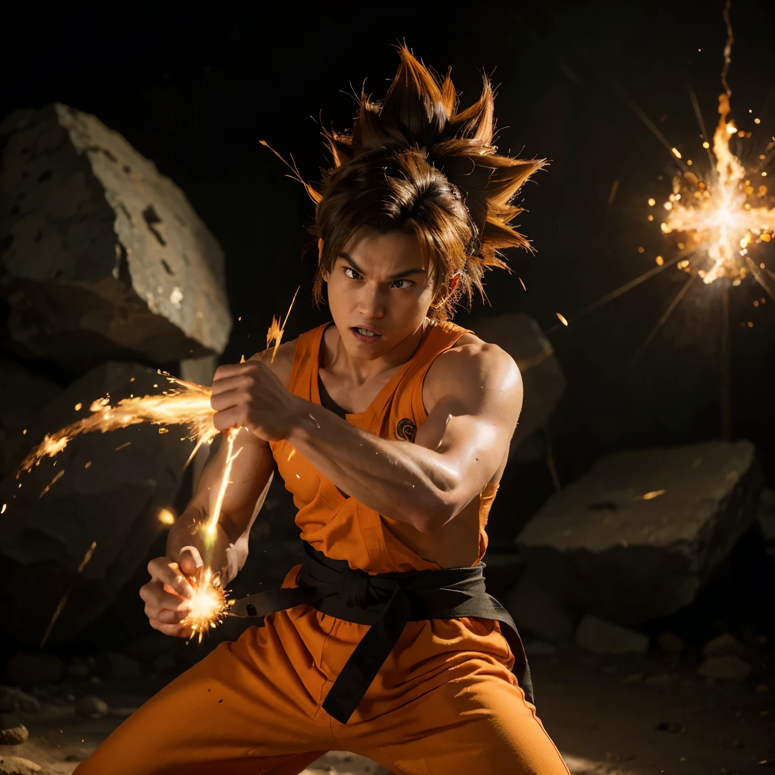 (best quality,4k,8k,highres,masterpiece:1.2),ultra-detailed,realistic, Dragon Ball, Goku:1.1, Super Saiyan, detailed eyes, detailed spiky hair, martial arts gi, intense concentration, studying mathematics, mathematical equations, math textbooks, mathematical symbols, focused expression, bright colors, vibrant aura, energetic lighting, dynamic pose, action-packed scene, intense battle training, floating rocks, power aura, Super Saiyan transformation, training dojo