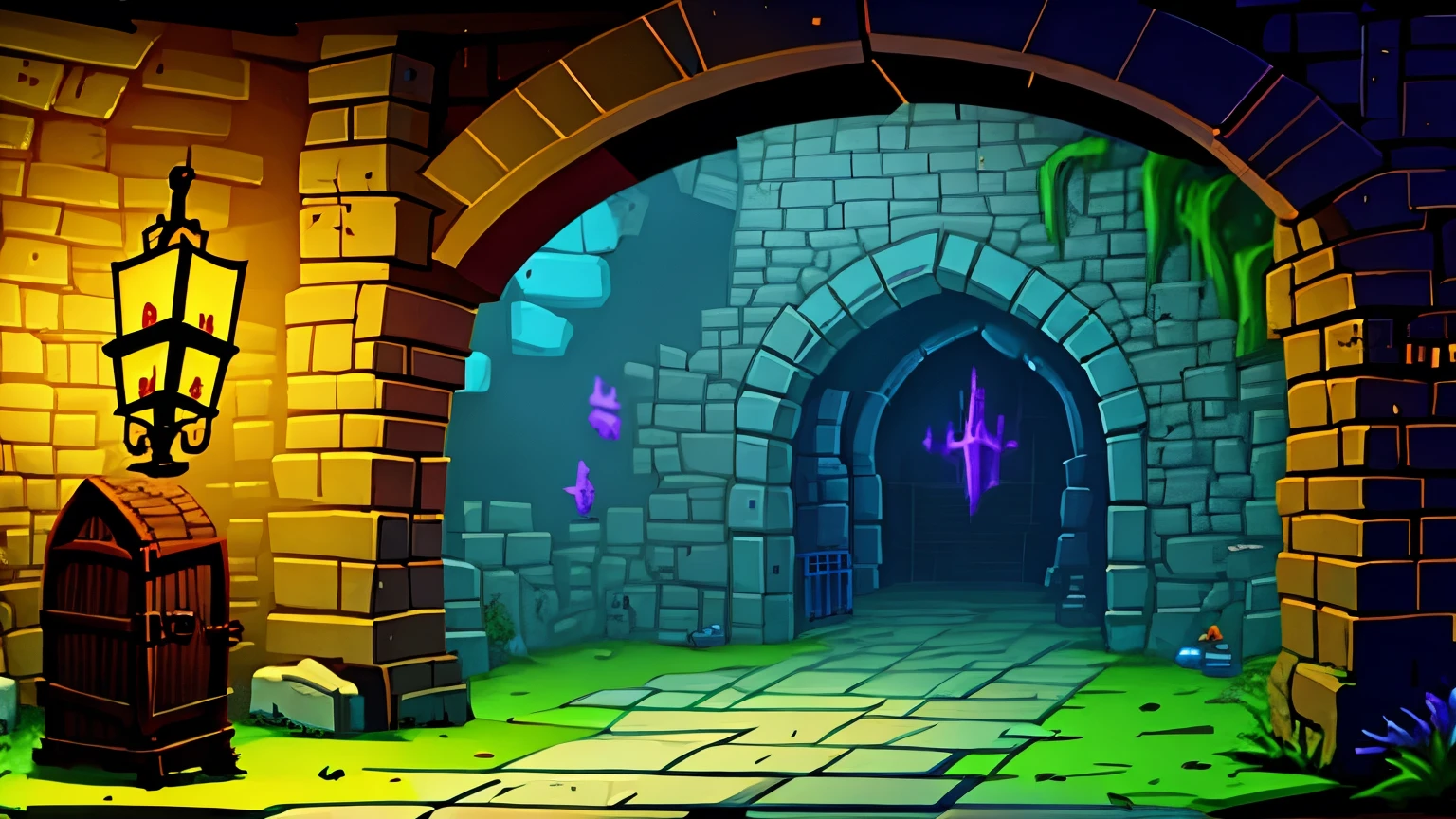 dungeon background,arch,cave,lantern,brick,glowing
