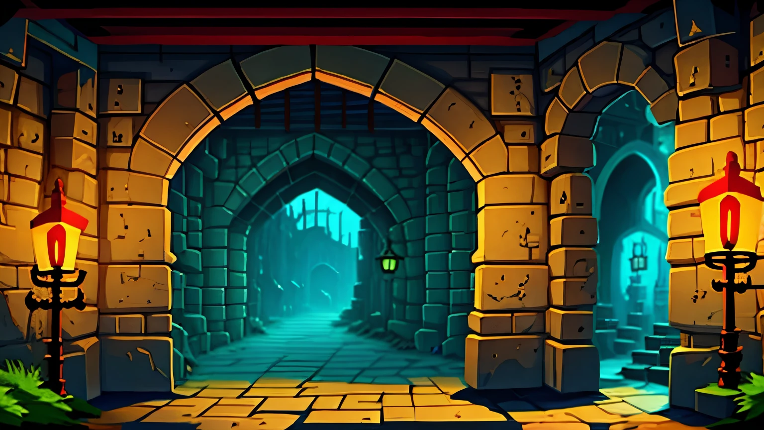 dungeon background,arch,cave,lantern,brick,glowing
