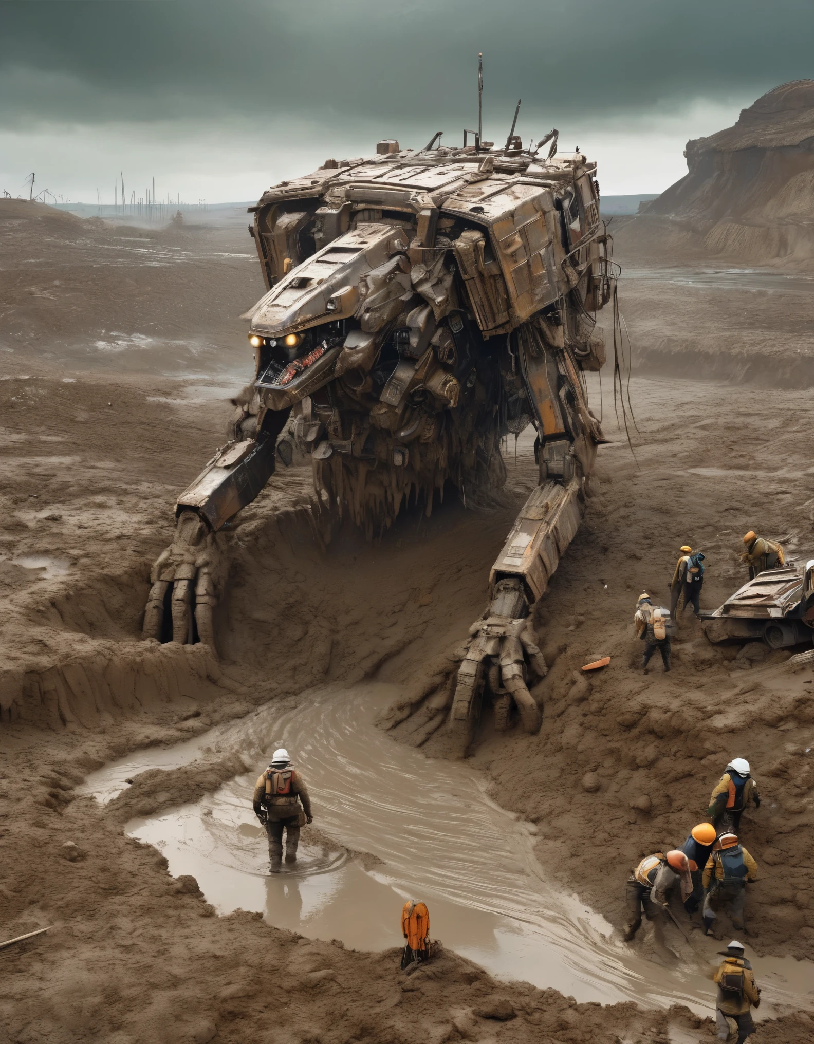 Abandoned mecha buried in mud，3D rendering of A huge waste mecha is being dragged out by many people from a huge super deep pit. The waste mecha is buried by a large amount of mud, whirlpool, covered with rust and mud, broken body, super large audience, astonished expression, mud, debris flow, broken, abandoned, background: archaeological deep mud pit,,Dripping Paint,Matte Painting,Science Fiction,Fever-Dream,Impossible,Postcyberpunk,Ice Age, The picture is from Peter Jackson's work, The picture is from Wong Kar-wai's work, The picture is from Emmanuel Lubezki's work,by Bruno Barbey,by Anne Brigman,by Edward S. Curtis,Intense Atmosphere, high detail,hyper quality,high resolution,surrealism,HD,16K,depth of field (dof),A bird's-eye view,aerial view,mood lighting,Super detailed details