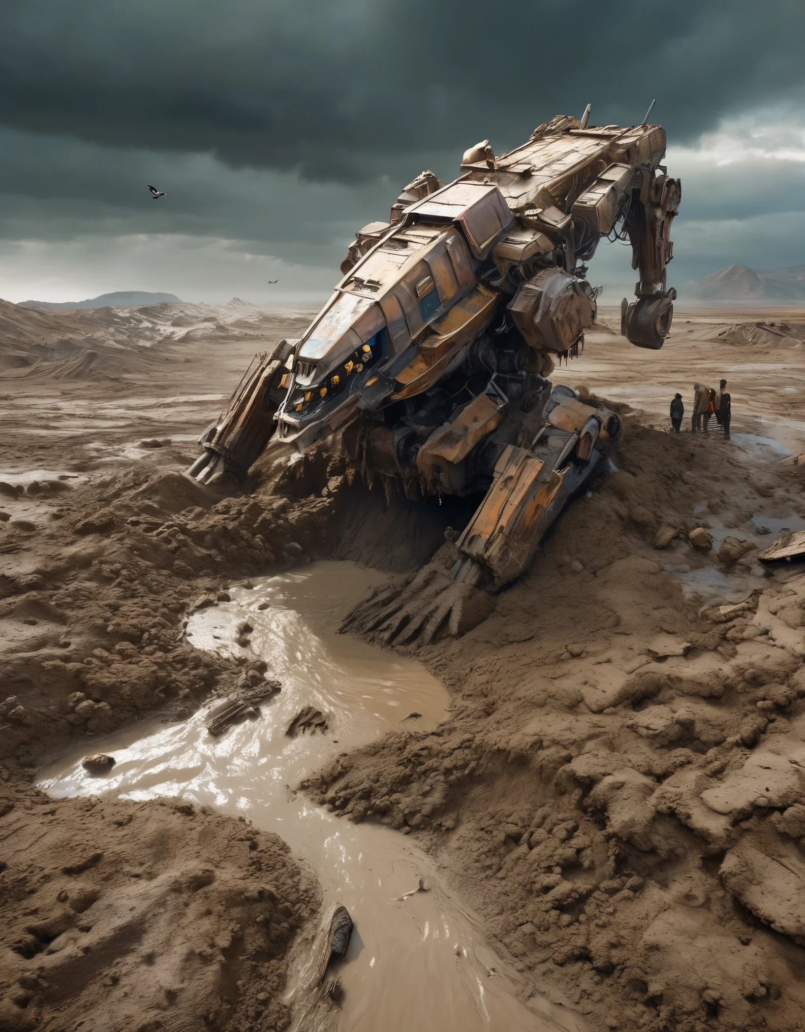 Abandoned mecha buried in mud,3D rendering of A huge waste mecha is being dragged out by many people from a huge super deep pit. The waste mecha is buried by a large amount of mud, whirlpool, covered with rust and mud, broken body, super large audience, astonished expression, mud, debris flow, broken, abandoned, background: archaeological deep mud pit,,Dripping Paint,Matte Painting,Science Fiction,Fever-Dream,Impossible,Postcyberpunk,Ice Age, The picture is from Peter Jackson's work, The picture is from Wong Kar-wai's work, The picture is from Emmanuel Lubezki's work,by Bruno Barbey,by Anne Brigman,by Edward S. Curtis,Intense Atmosphere, high detail,hyper quality,high resolution,surrealism,HD,16K,depth of field (dof),A bird's-eye view,aerial view,mood lighting,Super detailed details