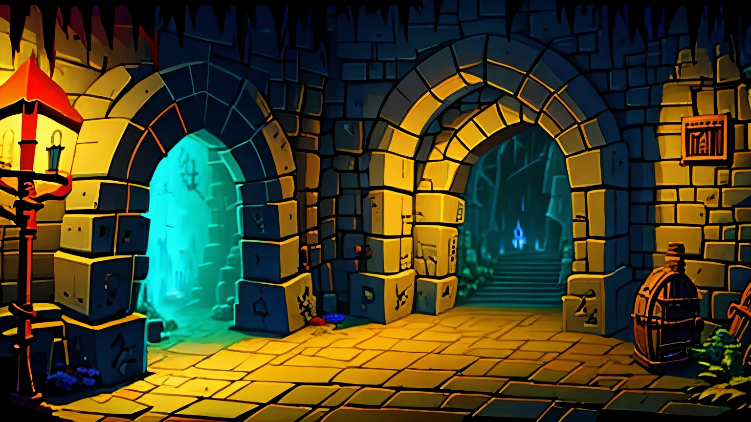 dungeon background,arch,cave,lantern,brick,glowing
