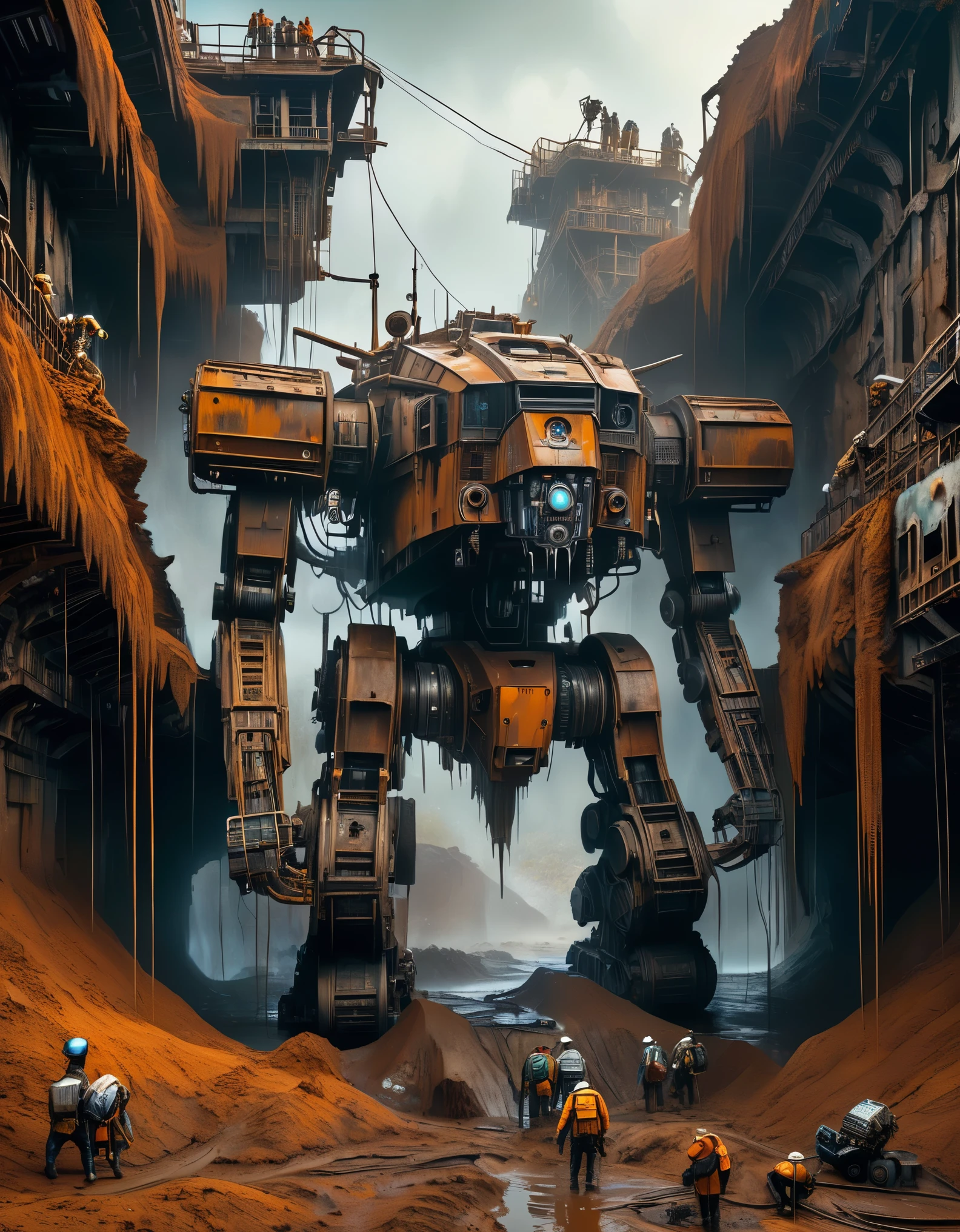 Salvage abandoned mechas，3D effect: (a huge paralyzed derelict mech being dragged out of a huge super deep pit by workers), this derelict mech is covered in rust and mud, wrecked body, super crowd standing on top of the pit, shocked expressions, mud, debris flow, wrecked, derelict, background: archaeological deep pit of dead branches and decaying leaves, dripping paint, matte painting, sci-fi, fever dream, impossible, post cyberpunk Ice Age, image from Peter Jackson's work, image from Wong Kar Wai's work, image from Emanuel Lubezki's work, Edward S. Curtis, intense atmosphere, high detail, high quality, high resolution, surrealism, high definition, 16K, depth of field (dof), bird's-eye view, ambient lighting, vintage, cyber gothic.