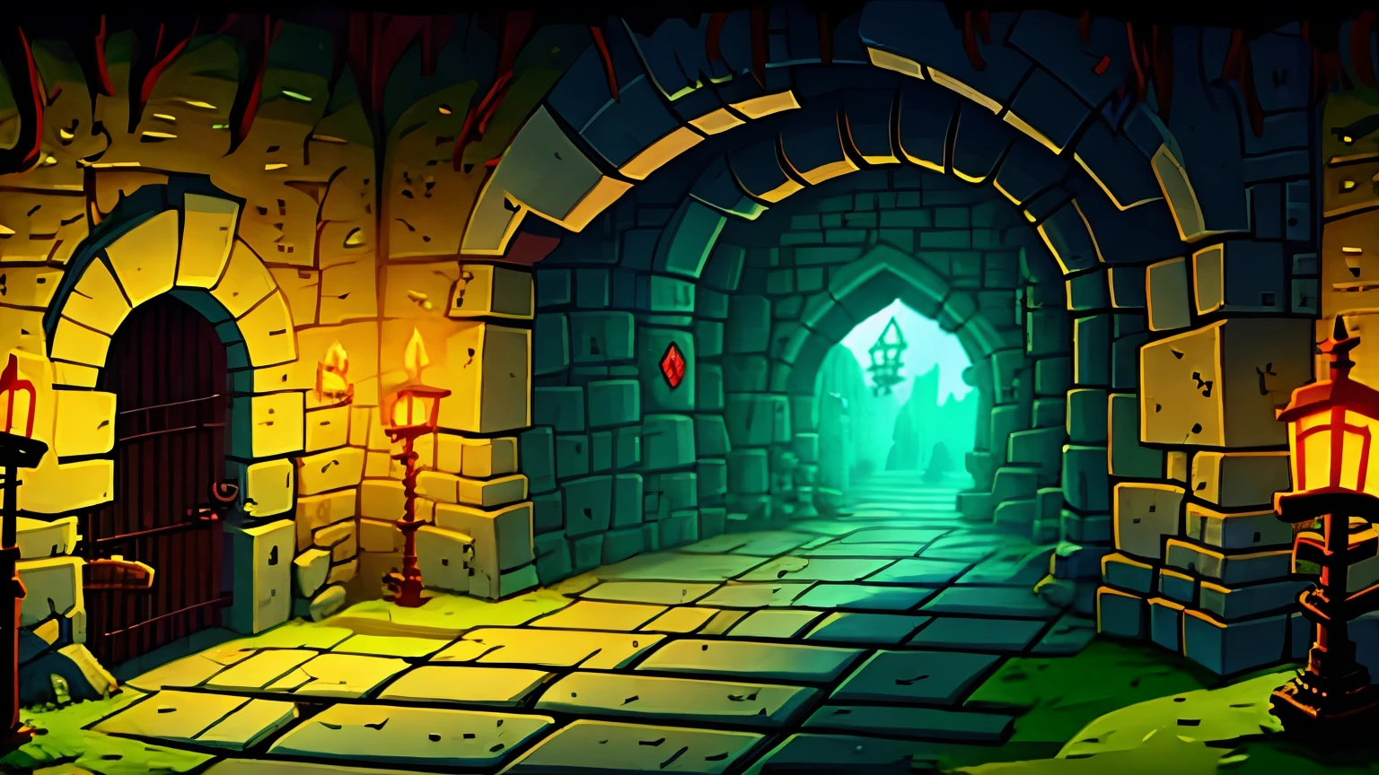 dungeon background,arch,cave,lantern,brick,glowing
