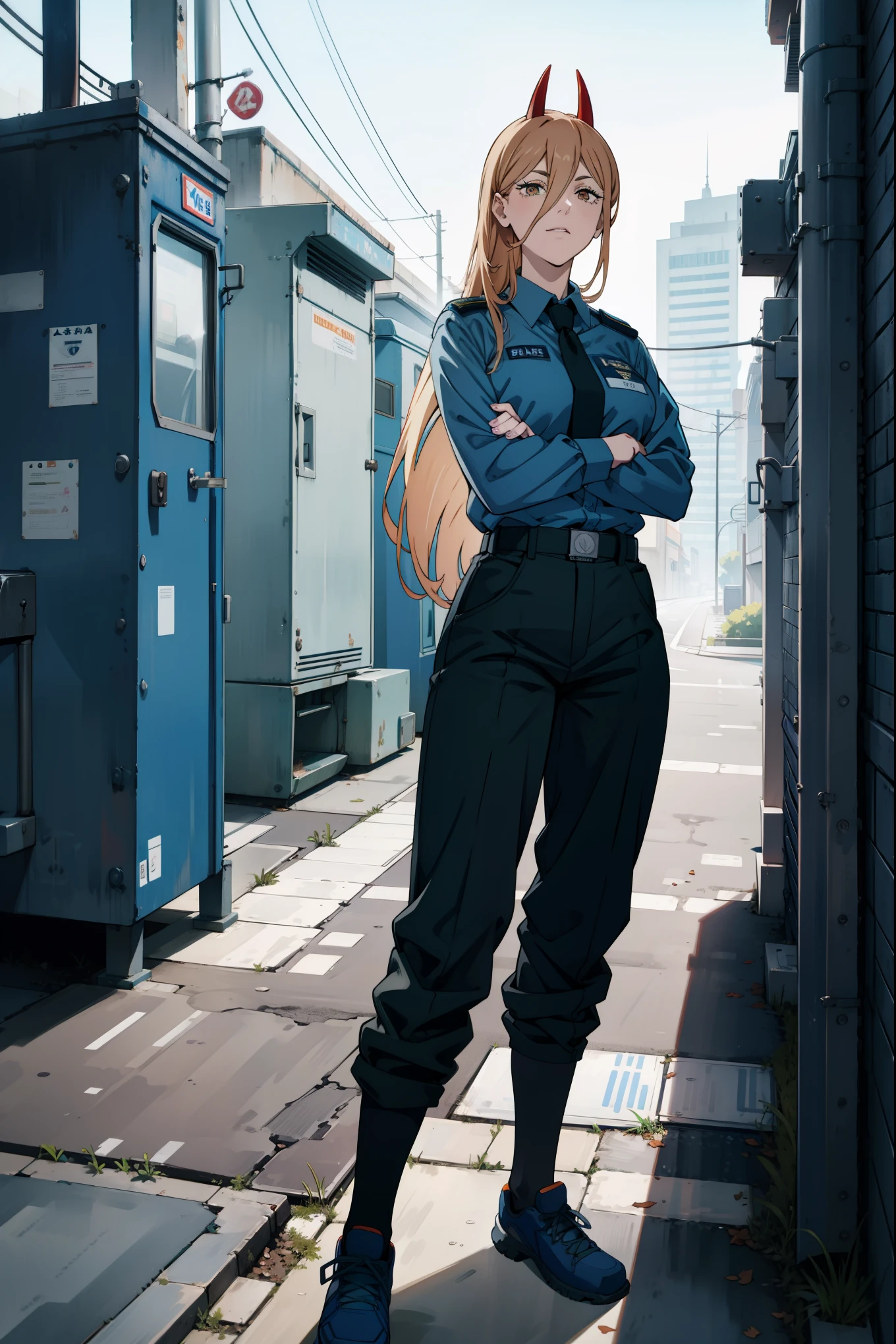 a street view of a woman in blue police uniform standing in street, 1girl, power (chainsaw man), police uniform, police, uniform, crossed arms, horns, breasts, solo, shirt, looking at viewer, pants, collared shirt, long hair, black pants, hair between eyes, belt, blue shirt, outdoors, policewoman