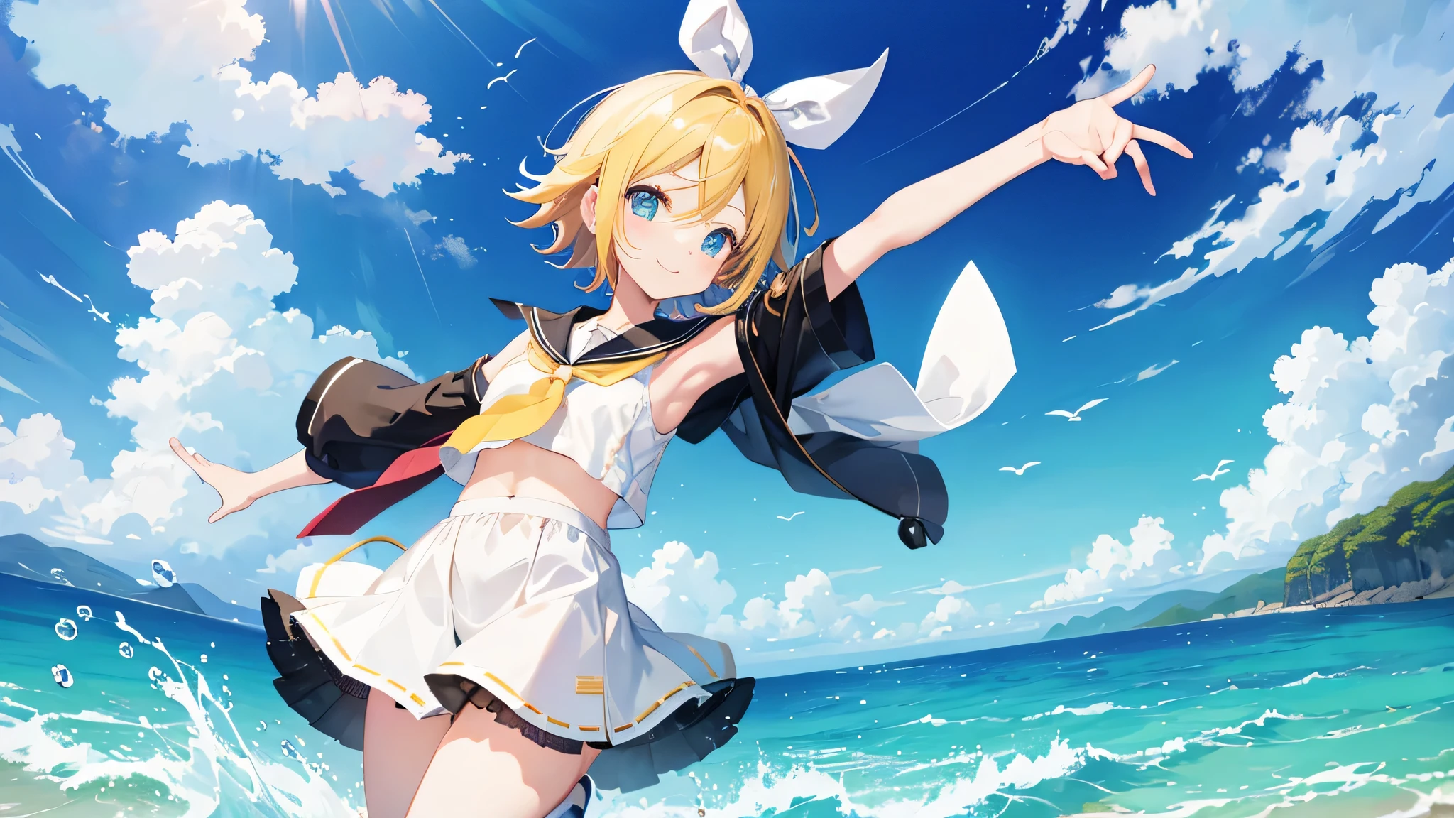 
highest quality、CG、4k、Kagamine rin、whole body、morning、smile、Ocean