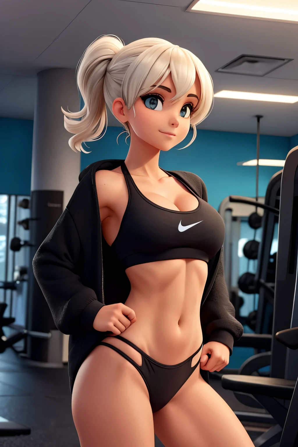 Uma garota sexy com cabelos castanhos, She is wearing a black NIKE sweatshirt, and a black bikini, she is at the gym