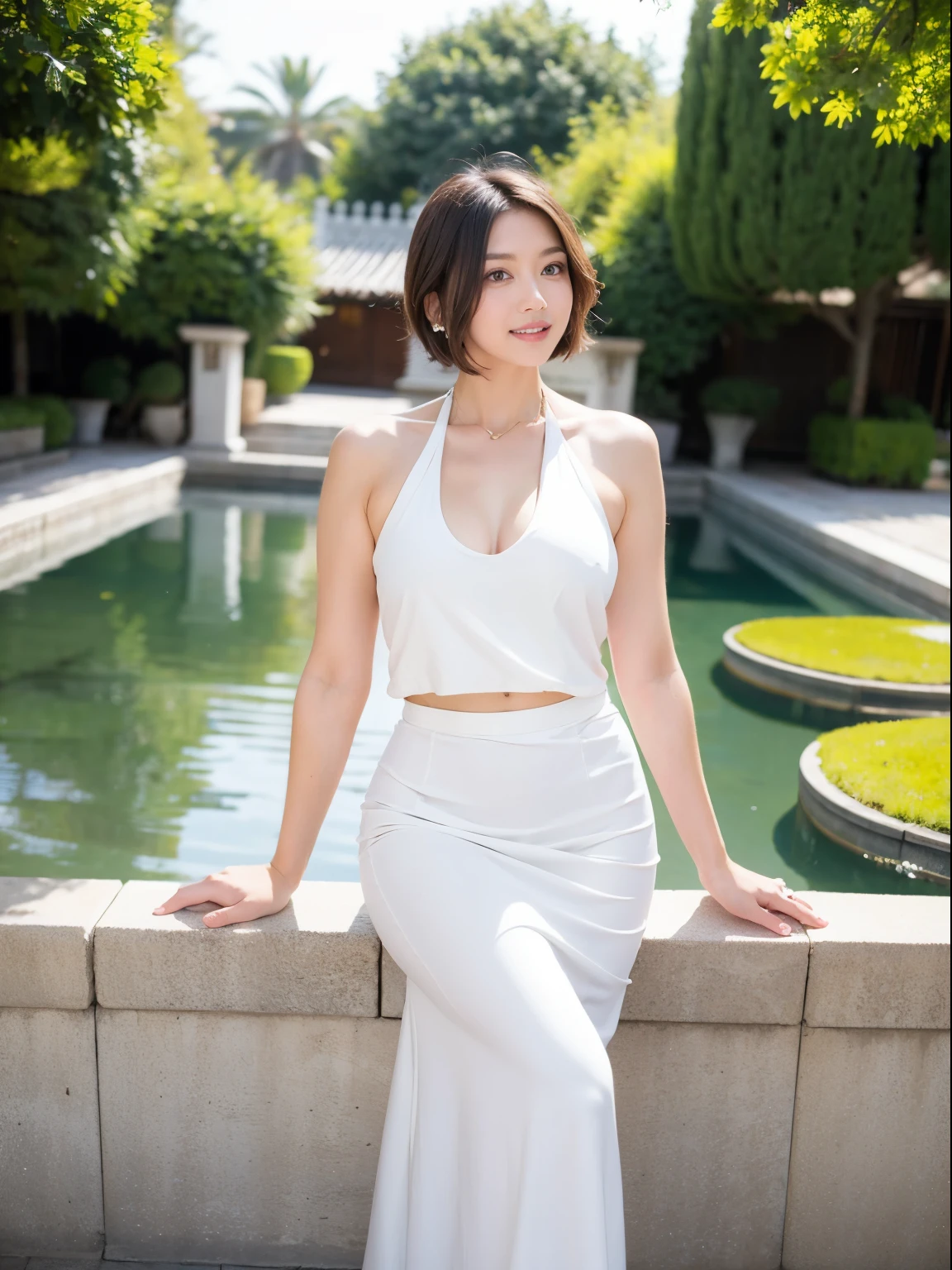 (RAW photo:1.2), (realistic:1.4),beautiful detailed woman,非常にfine eyesと顔, fine eyes, Super detailed,High resolution, very detailed,highest quality,enlightenment,unified,8k wallpaper,masterpiece,highest quality,1 female,alone,rich,Full body Esbian,Slightly chubby body type,Toned figure,There&#39;leg meat,slim waist,alone,（white business suit：1.2）、（White tight skirt：1.4）、（long skirt,high heels）,jewelry necklace short hair,gentle smile,dignified atmosphere,black eye,realistic,Suzhou Garden , (Morning garden:1.1)