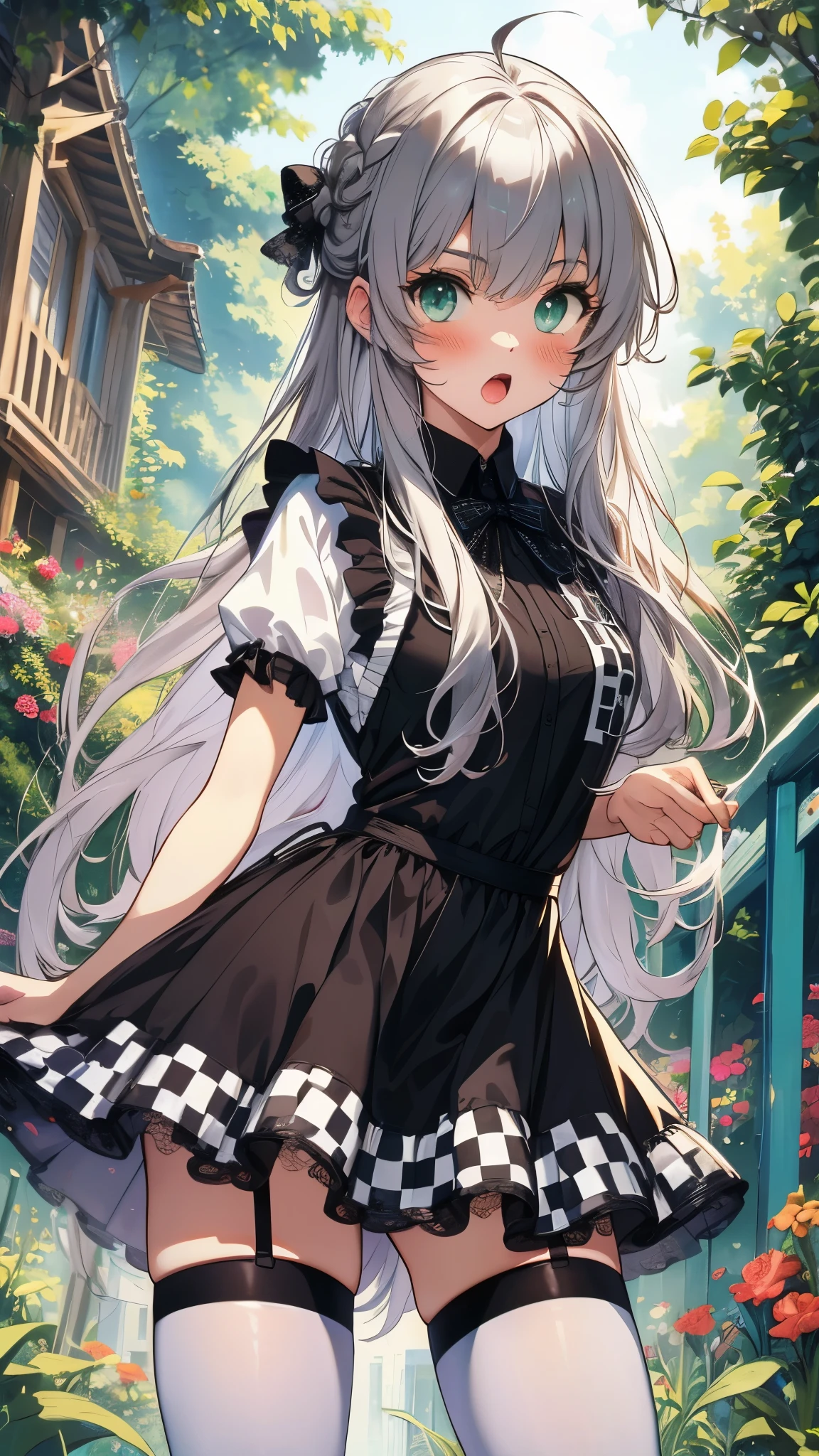 (tsuuhaiken),masterpiece,best quality,highres,ultra-detailed,aanyaruko,long hair,(silver hair),ahoge,shirt,white shirt,checkered clothes,short sleeves,black apron,skirt,checkered skirt,zettai ryouiki,(white thighhighs:1.2),high heels,(blush),outdoors,garden,black lace-trimmed panties, (cowboy shot:1.3),open mouth,