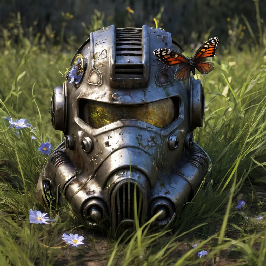 High Resolution, High Quality, Masterpiece. Steel Brotherhood power armor mask from "Fallout, " rusted, broken with a pierced eyecup, embedded in tall grass, Almost hidden in the grass, overgrown with bindweed. A cornflower flower grew through the hole. butterflies and flies. entwined by bindweed, cornflower sprouting through the hole, text "game over" floating above, hyper-detailed, 32k resolution, digital painting, ultra-fine details.
