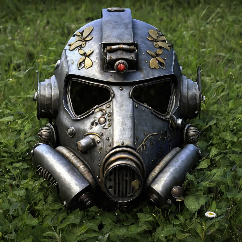 High Resolution, High Quality, Masterpiece. Steel Brotherhood power armor mask from "Fallout, " rusted, broken with a pierced eyecup, embedded in tall grass, Almost hidden in the grass, overgrown with bindweed. A cornflower flower grew through the hole. butterflies and flies. entwined by bindweed, cornflower sprouting through the hole, text "game over" floating above, hyper-detailed, 32k resolution, digital painting, ultra-fine details.