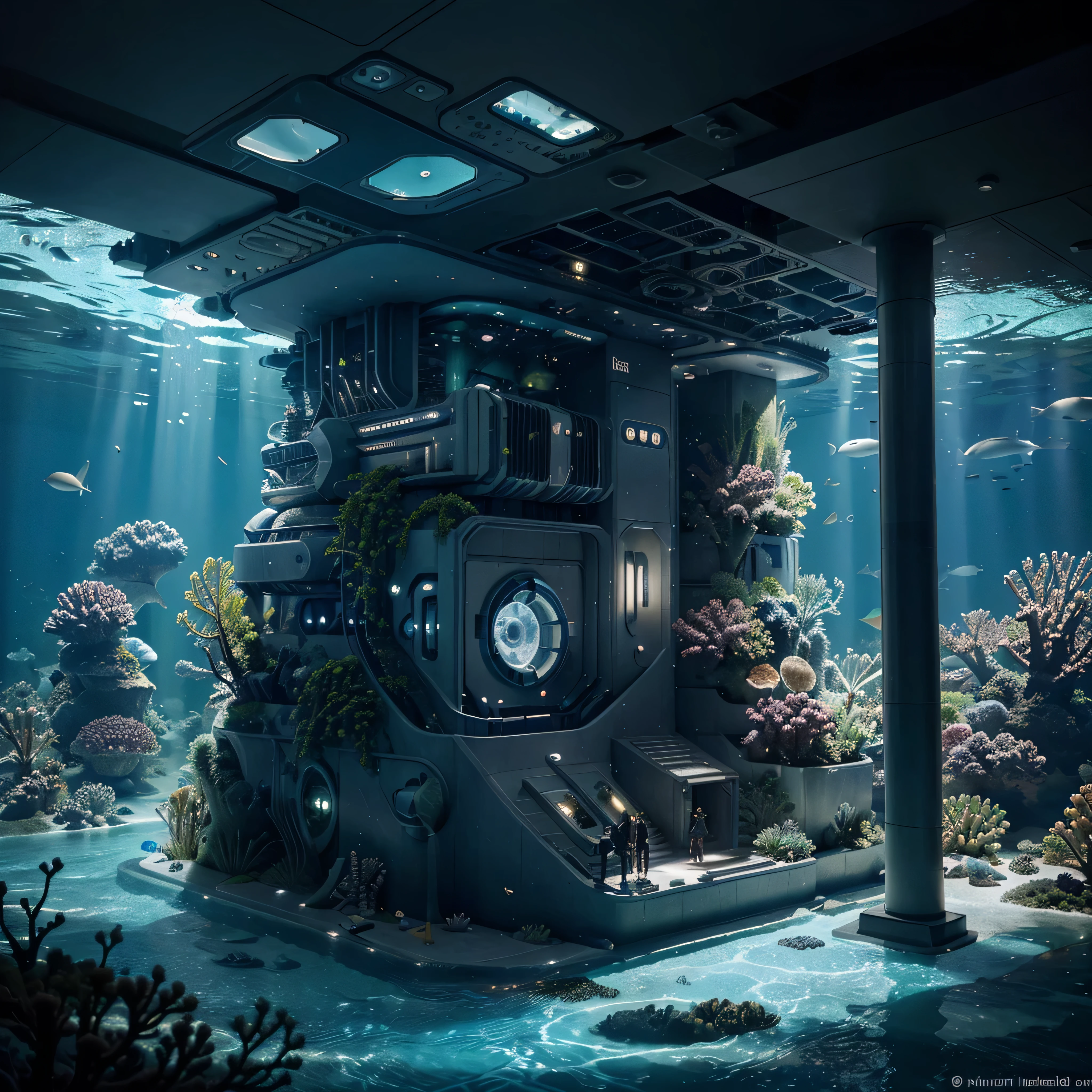 Future science fiction underwater city,Residents coexist with marine life,science fiction style梦幻, Undersea astronauts clean up the ocean floor,Intelligent automatic cleaning of marine garbage,Protect the marine environment,Requires 4K resolution,science fiction style, Colors intertwine,Show the mystery and beauty of the ocean。