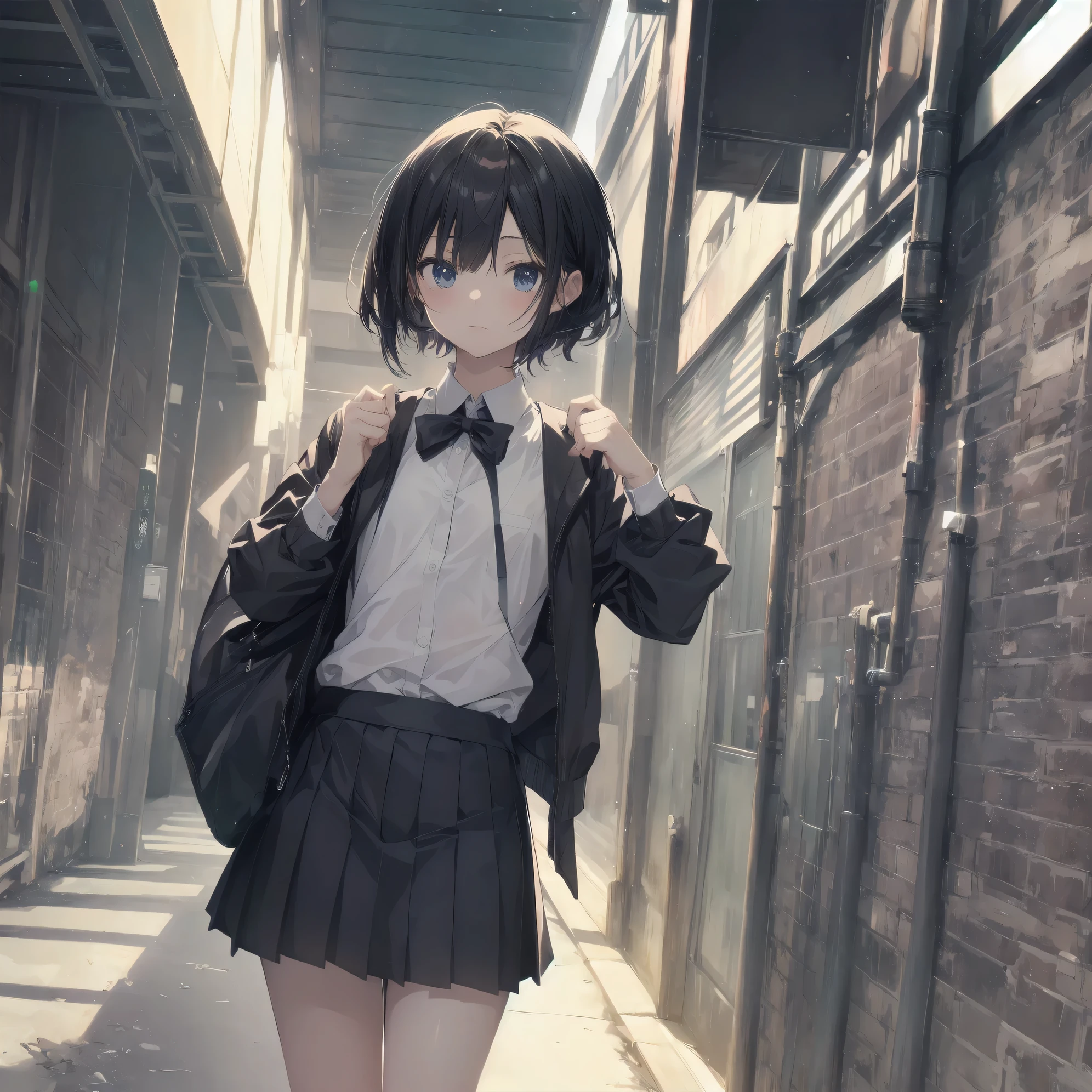 Super absurd quality by the god of art, super detailed, High resolution, artist:dark black, artist:Rinzo, artist:kantoku, anime moe art style, Best Anime 8K Kona-chan Wallpaper, pixiv contest winner, perfect anatomy, break,(眠そうにalone学校へ行く女の子を描いてください. )break,1 girl, (alone,little woman, baby face, s old:1.3),All limbs, full finger,, The charm of an immature body, (very_short hair), bangs, small ass, between legs,small black eyes, detailed and beautiful eyes, Well-proportioned iris and pupils, expressive eyes, sleepy eyes, High resolutionの詳細な髪, neck ribbon, skirt, collared shirt, pleated skirt, school uniform, school bag,(detailed lighting), (detailed background), On the way to school. break,super dense skin, Best cinematic lighting powered by famous artist, 8k,cute illustration,photoshop_(Moderate),Absurd Hi-Res,Hmm,rough skin