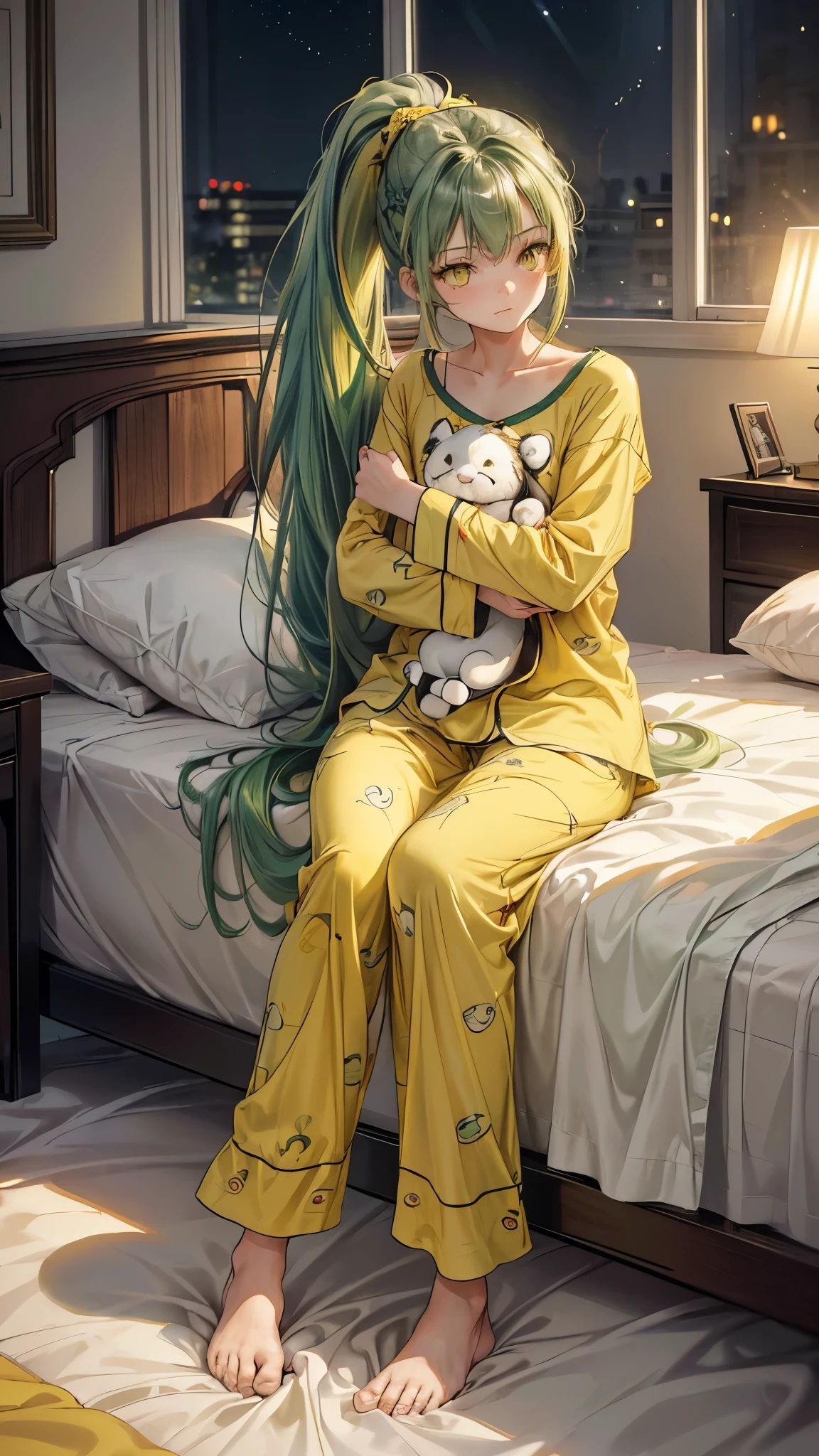 (bad mood) (own hugging feet on the bed) in the night bedroom, (solo ponytail green hair long hair cute girl, , sad yellow eyes, in a pajamas, perfect anatomy, masterpiece:1.2, best quality, 8k, beautiful detailed grow, daydreaming expression.