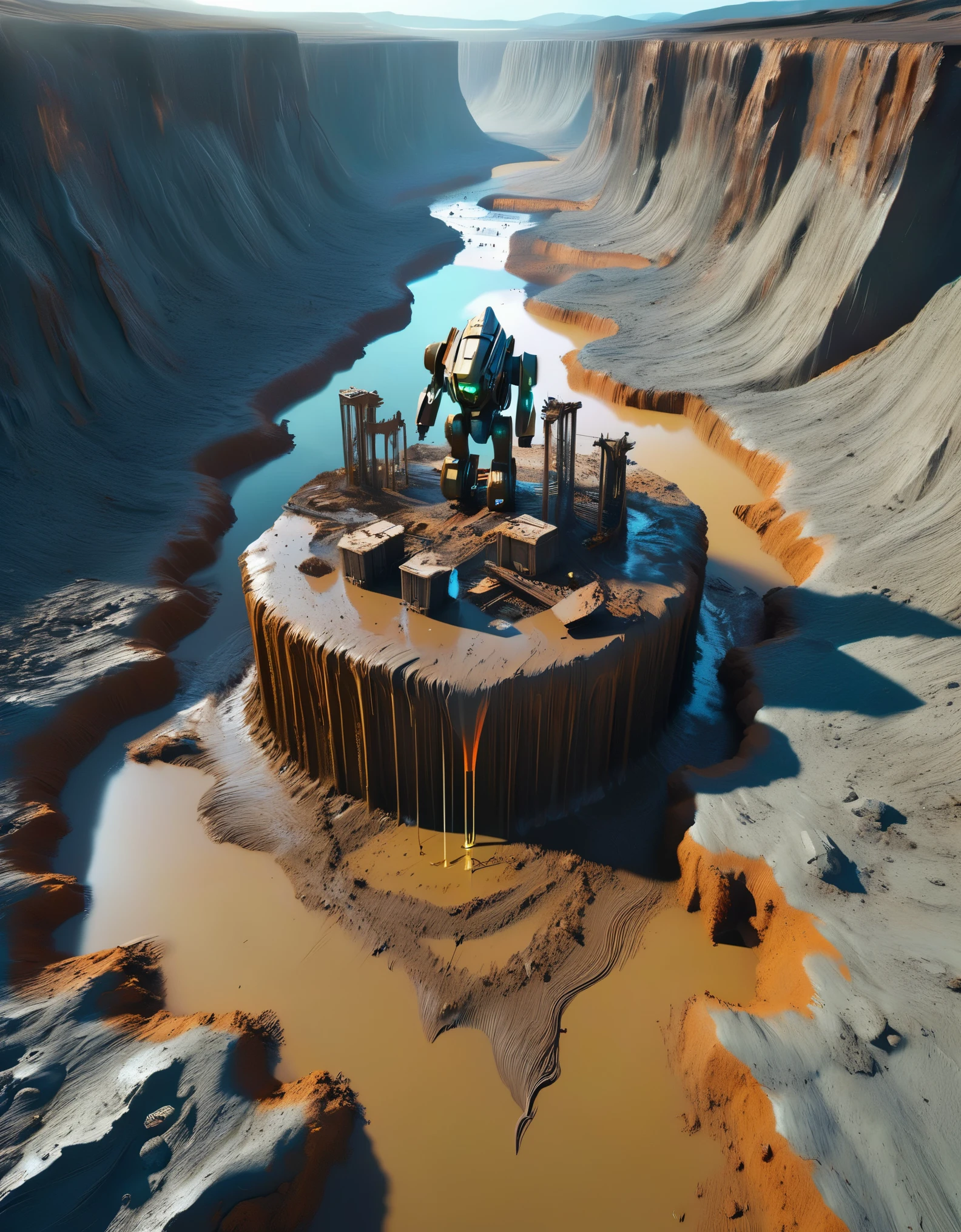 Abandoned mecha buried in mud,3D rendering of A huge waste mecha is being dragged out by many people from a huge super deep pit. The waste mecha is buried by a large amount of mud, whirlpool, covered with rust and mud, broken body, super large audience, astonished expression, mud, debris flow, broken, abandoned, background: archaeological deep mud pit,,Dripping Paint,Matte Painting,Science Fiction,Fever-Dream,Impossible,Postcyberpunk,Ice Age, The picture is from Peter Jackson's work, The picture is from Wong Kar-wai's work, The picture is from Emmanuel Lubezki's work,by Bruno Barbey,by Anne Brigman,by Edward S. Curtis,Intense Atmosphere, high detail,hyper quality,high resolution,surrealism,HD,16K,depth of field (dof),A bird's-eye view,aerial view,mood lighting,Super detailed details