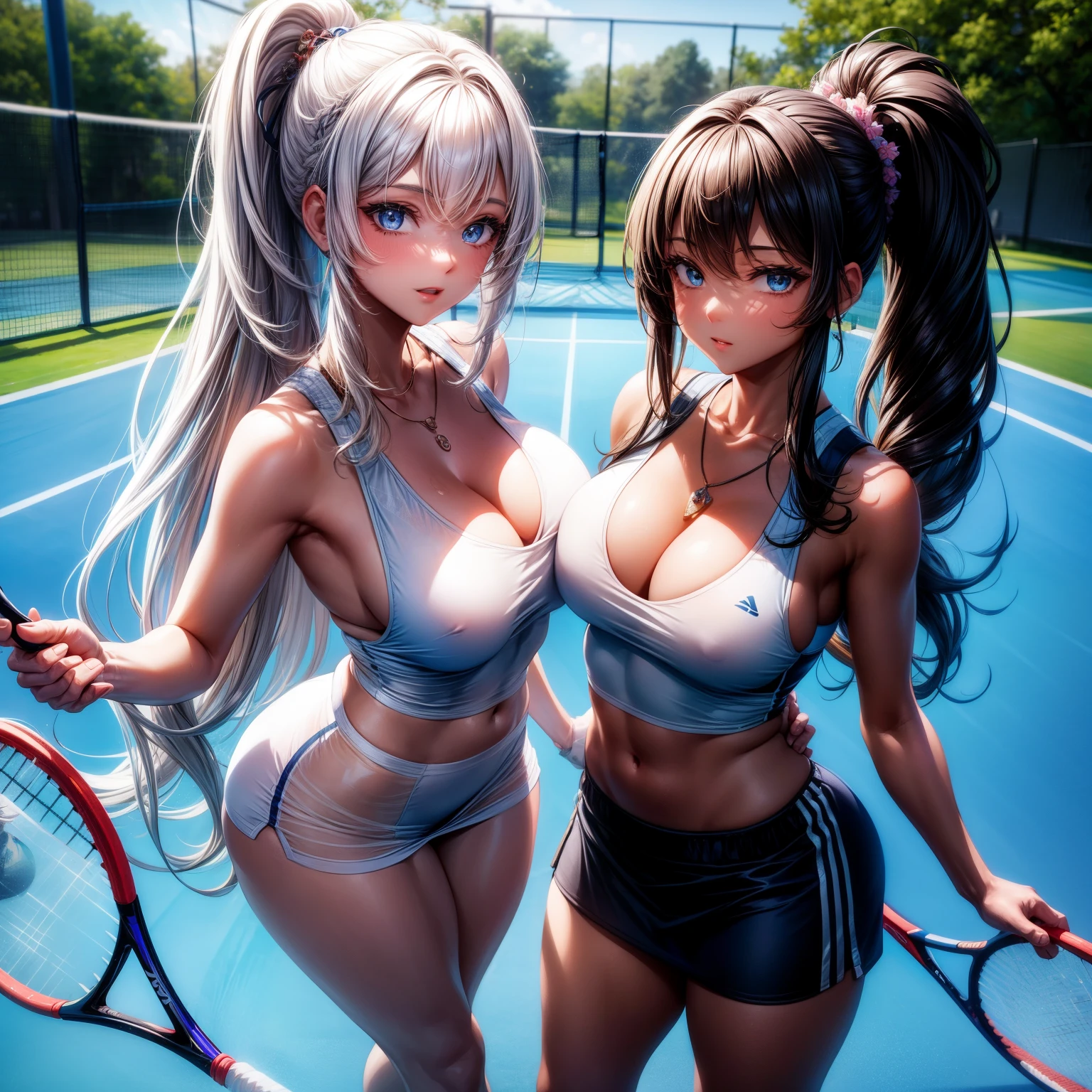 (8k ,Super detailed,Best masterpiece,nature,perfect work of art,perfect female figure),two women,sister and younger sister, sisters,rainbow hair,perfect face,(huge ),neighbor wife,woman hairstyle,elegant wife,Sophisticated and revealing ,20 years old,White skin,messy hair,perfect sexy body,Tone,flirtatious,very big ,Willow Yao,see through breasts,nipple,tennis player,Wearing ultra-short tennis sportswear,on the tennis court,Holding tennis racket,Detail background,necklace,perfect eyes,,T-shaped small size,huge big
