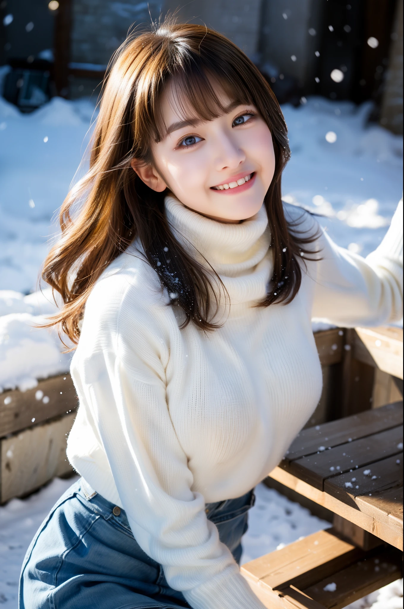 (table top:1.3, Photoreal:1.4, 8k), highest quality, masterpiece, 超A high resolution, perfect dynamic composition, Highly detailed skin and facial textures:1.3, detailed eye, Detail of limbs, winter, it&#39;s snowing:1.2, Snowfall landscape at night:1.2, 1 girl, Cute sexy  slim woman, Fair skin, snowball fight, ((laughter:0.9, completely enchants you:1.0)), (Thick short jacket over long sleeve turtleneck sweater:1.2, high waist mini skirt:1.1), ((plump breasts:1.05)), short boots, (facing the front, bend your knees and squat), (beautiful blue eyes, Eyes that feel beautiful eros:0.85), sexy face:0.4, (A taste that gives you a beautiful sense of eroticism:0.85), ((Super erotic and cute:0.9))