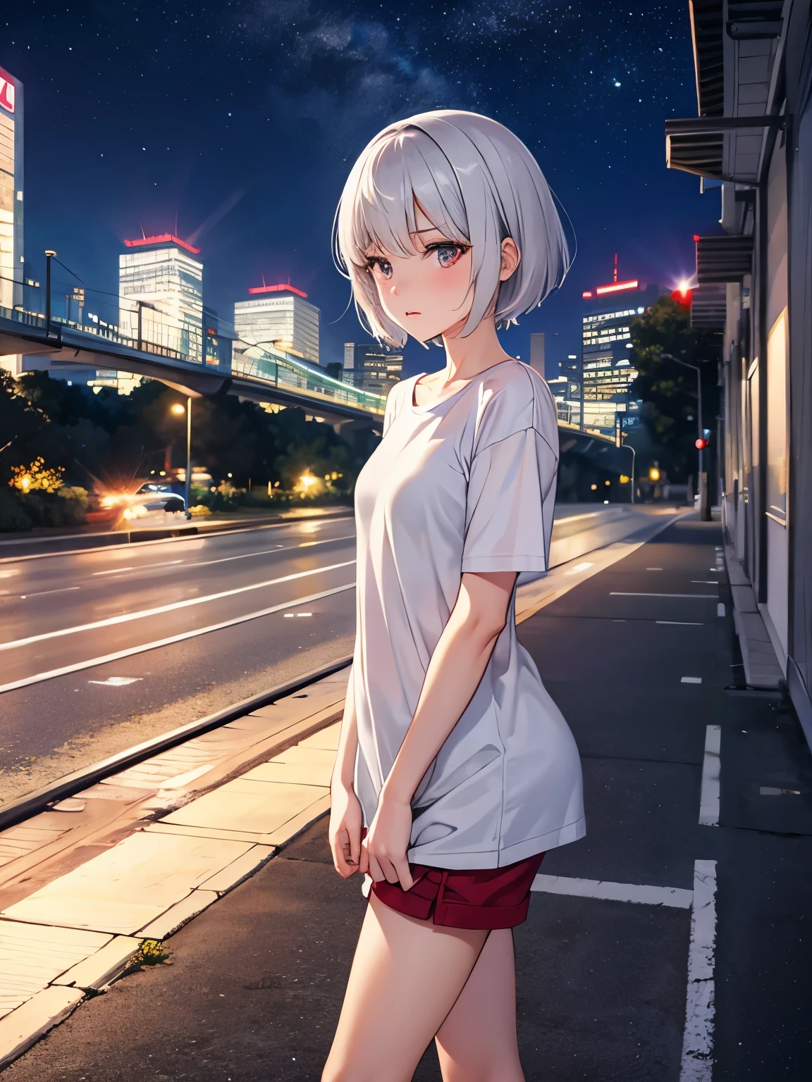 1 girl, short hair, silver hair,Facing sideways, walking sideways, camera angle from the side, looking away, silver eyes,Sad expression, crying, white t-shirt,Plain t-shirt,red shorts, walking On the highway,at night, night,beautiful moon,half body, tears coming out