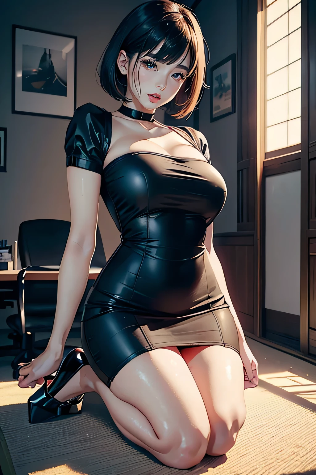 An office lady around 50 years old, (Elegant and well-proportioned body shape), (mini dress), (high heels), (bob hair), (garter stocking with anklet), wince,(orgasm:1.5),waiting for tongue,(Delicate and elegant light makeup), Delicate and beautiful fair skin, Detailed facial description with double beautiful eyes, Gentle eyes that shine with youth and innocence, Expressing the amazing beauty of youth, Adorable Japan Woman, A beautiful portrait that captures her enchanting charm. (8k, highest quality, masterpiece: 1.2), (Realistic and photorealistic: 1.37), (to office