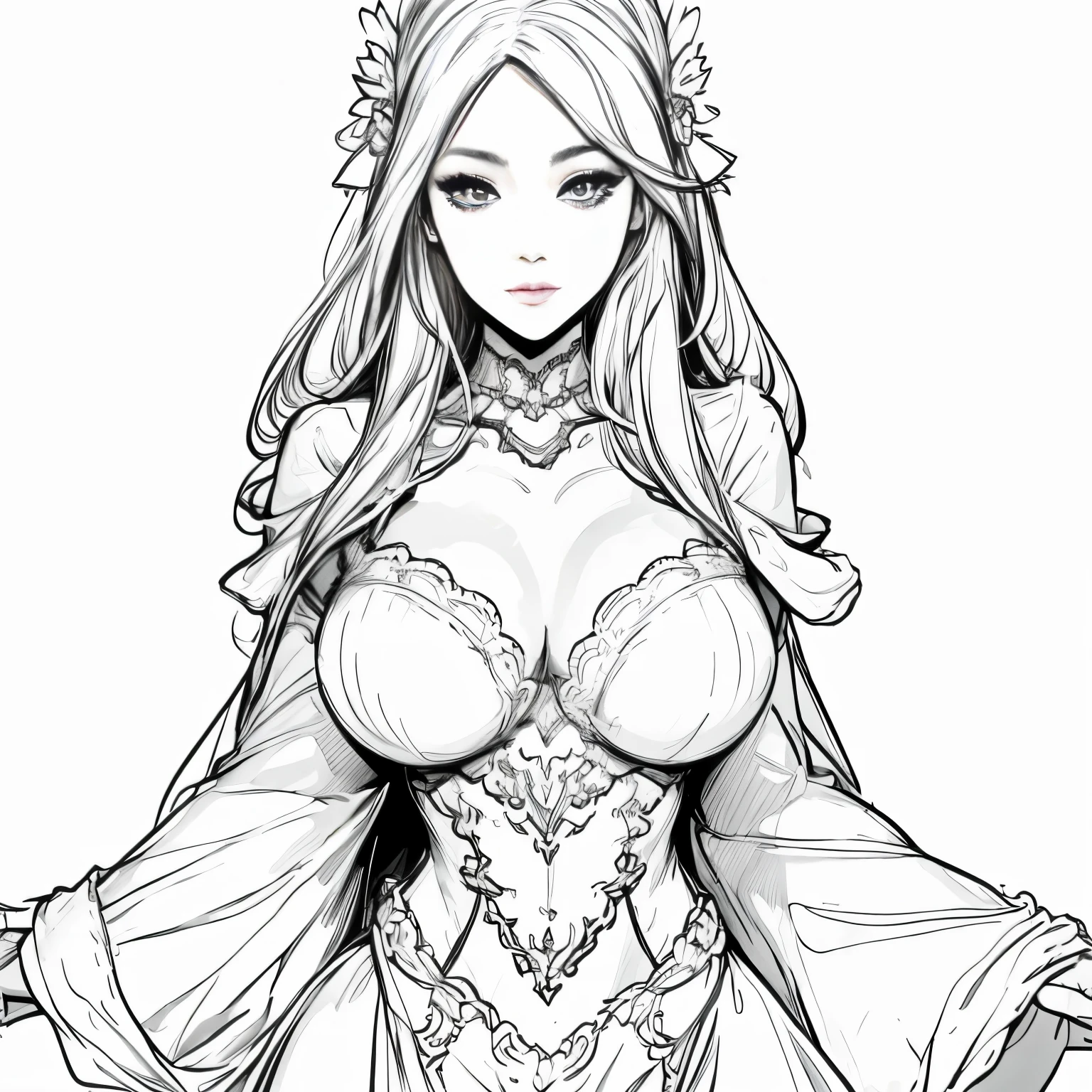 Coloring book for adults. Only black and white. low detail only main line. beautiful sensual nude and erotic woman with massive breasts. The breasts are not covered by anything. white background. white colors. full body view of blonde woman. (Ultra detailed:1.3) ((((best quality))) ,