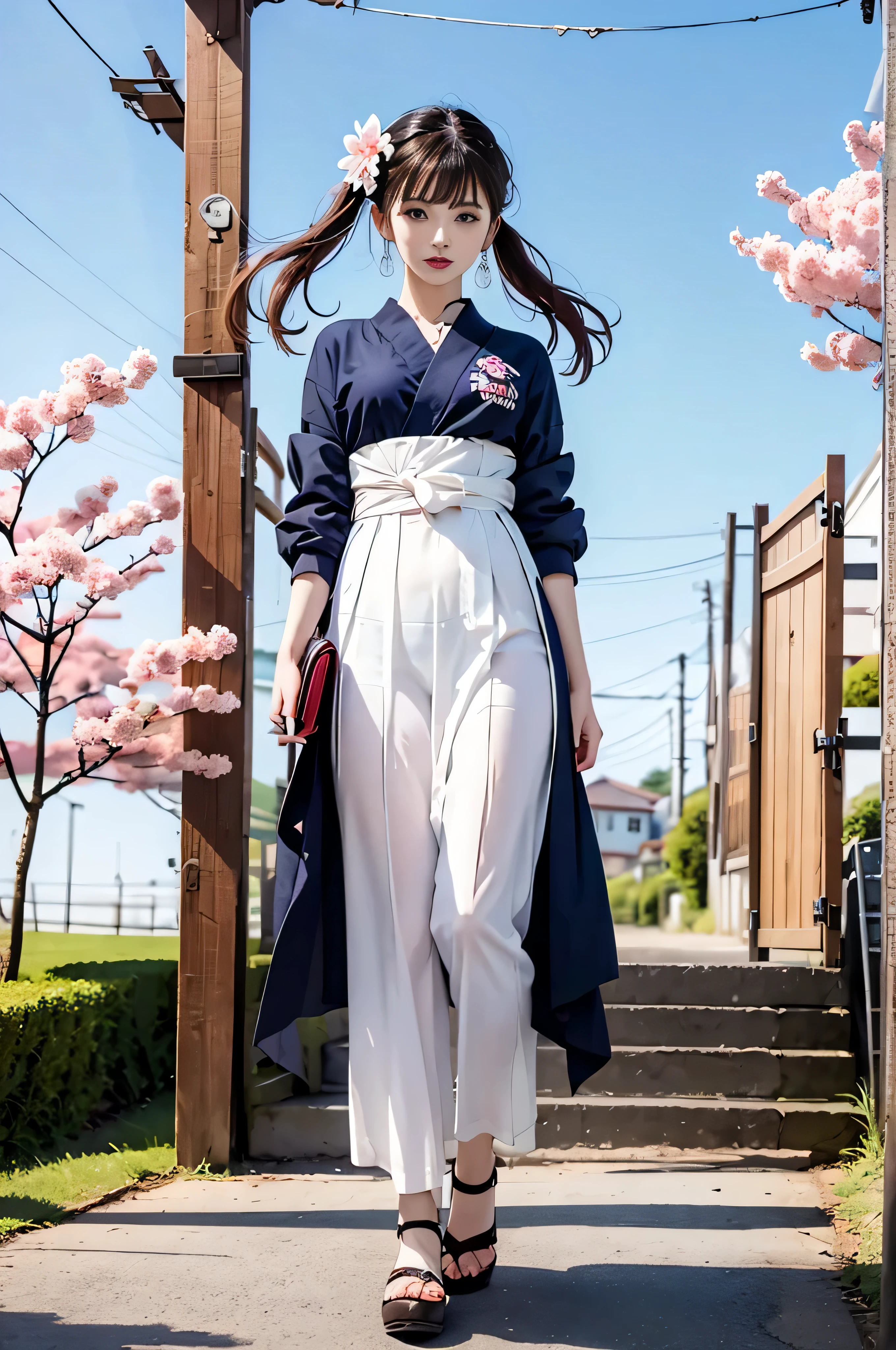 ((RAW image quality:1.4)), hair ornaments、earrings、goth_punk, 1 girl, alone,、highest quality, realistic, super delicate, Beautiful and attractive girl, slender body, tied hair, one girl, girl pictures, full body shot, beautiful blue eyes, looked back,耳Nipple Ring、hair ornaments、gem、in the same way、sexy, Cherry tree, school main gate,