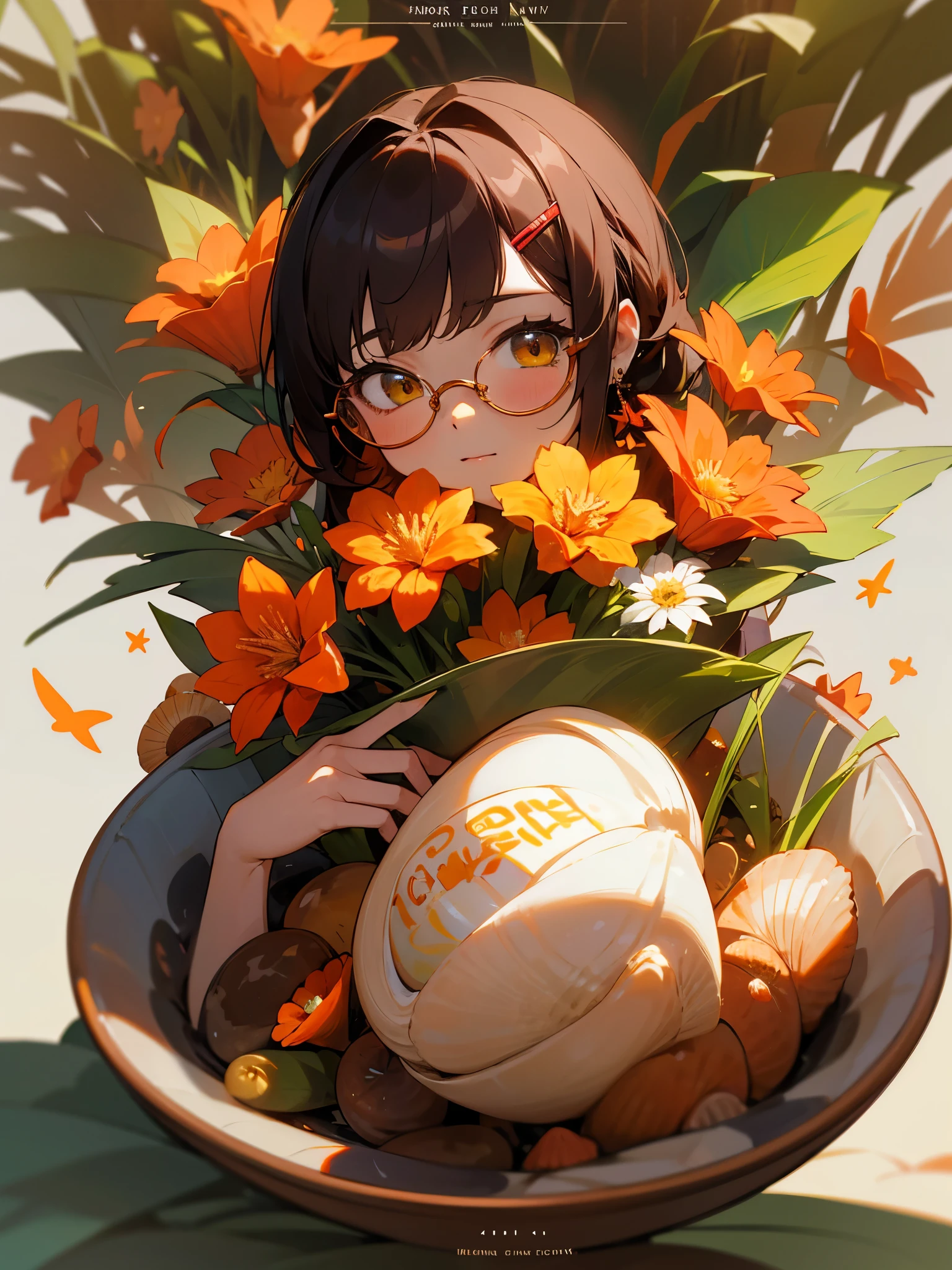 nonsense, height, haveรายละเอียดมาก, 1 girl, alone, ดวงตาที่haveรายละเอียดมาก, starfish, seashell, shell, flower, have, decorationsผม, decorations, straw have, look at viewer, sunglasses, have flower, drinking straw, Hair clips, earrings, red flower, Tinted glasses, yellow flower, smooth, English Text, colorful hair, orange flower, black hair, ring, bowl, long hair, orange-Tinted glasses, food, brown hair, Portrait, shell decorationsผม