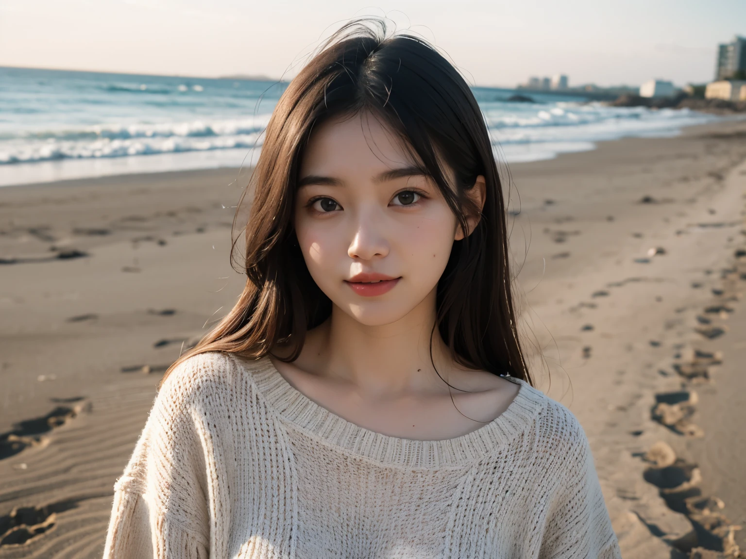 (realistic), (High resolution), (8k), (very detailed), (good eyes), (highest quality), (super detailed), (masterpiece), (medium long hair), during the day、thin eyebrows、The face of Kana Hashimoto、Japanese、beach、knitted clothes、laughter、sandy beach、front