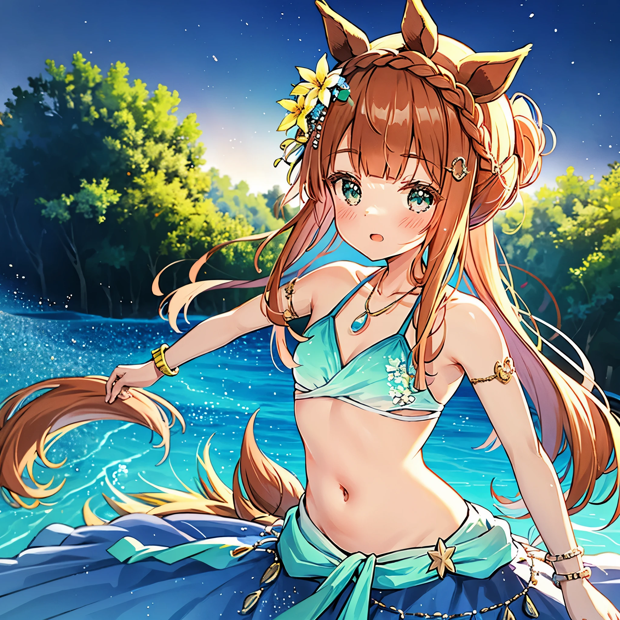 Bestquality,ultra detailed,perfect face,anime,1girl,silence suzuka (umamusume),silence suzuka(Swimsuit),horse girl,horse ears,horse tail,orange hair,green eyes,hair flower,hair_bun,crown_braid,sidelocks,necklace,swimsuit,aqua_bikini,bracelet,armlet,sarong,midriff,sandals,anklet,jewelry,solo