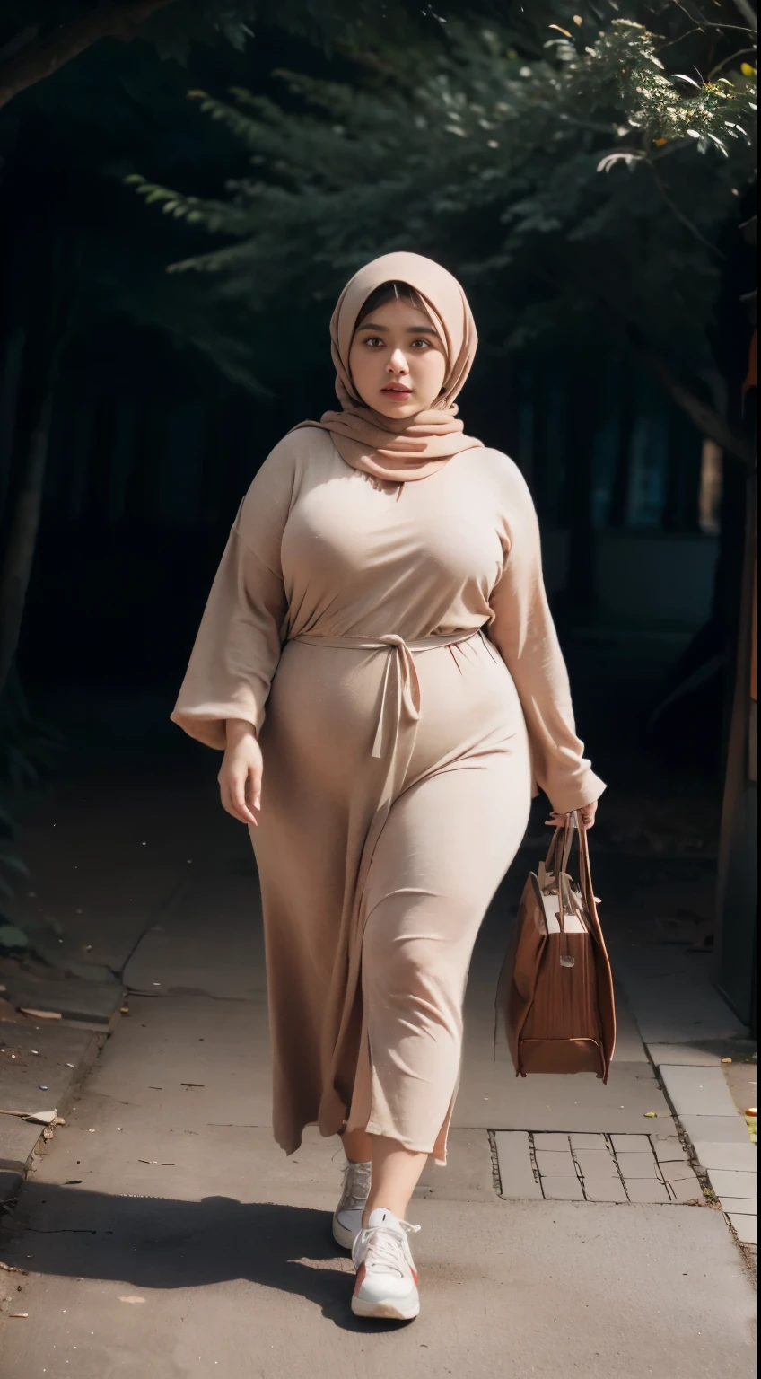 there is a woman walking down with a short brown hair, bbwchan, thicc, brown hijab outfit, brown hairstyle model, korean girl, korean woman, wearing brown robe, full length shot, alluring plus sized model, japanese goddess, clothed in hooded, voluptuous and arousing, portrait shot, curvy model, voluptuous body, wonderful, nene tanaka body , bbwchan, The overall atmosphere is smooth , haunting illustrations, extremely high-resolution details, photographic, realism pushed to extreme, fine texture, 4k, ultra-detailed, high quality, high contrast, red sneakers , cold atmosphere ,, cold atmosphere