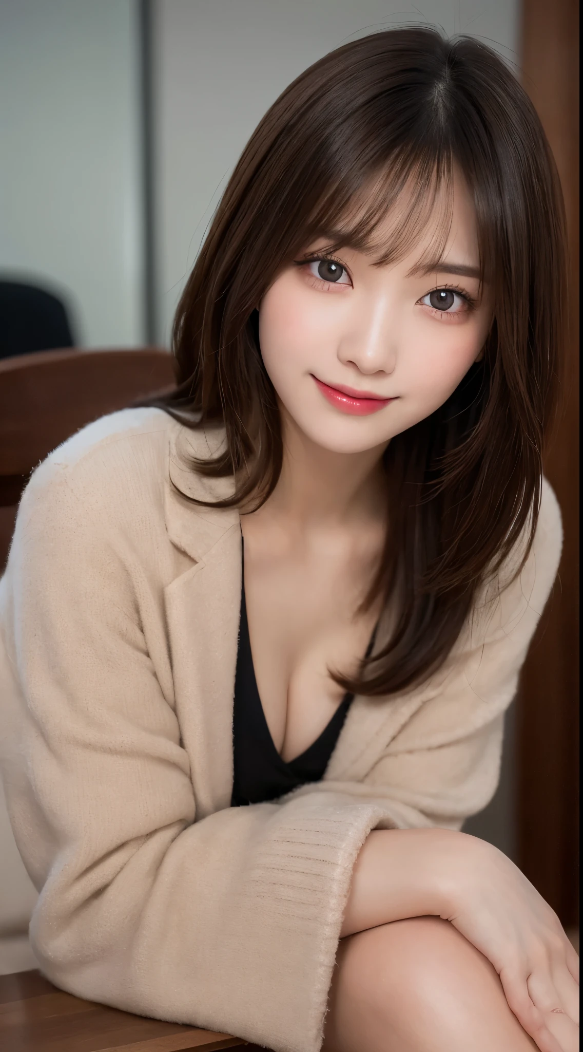 table top, highest quality, shape, Super detailed, finely, High resolution, 8k wallpaper, 完璧なダイナミックな構shape, beautiful and detailed eyes, medium hair, small breasts, natural color lip, random sexy pose,smile,20 year old girl、midnight、beautiful and detailed face、perfect and beautiful face,Big eyes、RAW photo、Expressing feminine poses with your whole body、beautiful and detailed eyes、small face、beautiful duplex、slim face and style,luxury brand mink coat(inside:winter dress)、beautiful golden ratio face,straight hair,bright look、Foot Shooting、blur background,beautiful feet,anatomically correct body,gorgeous atmosphere,real photos