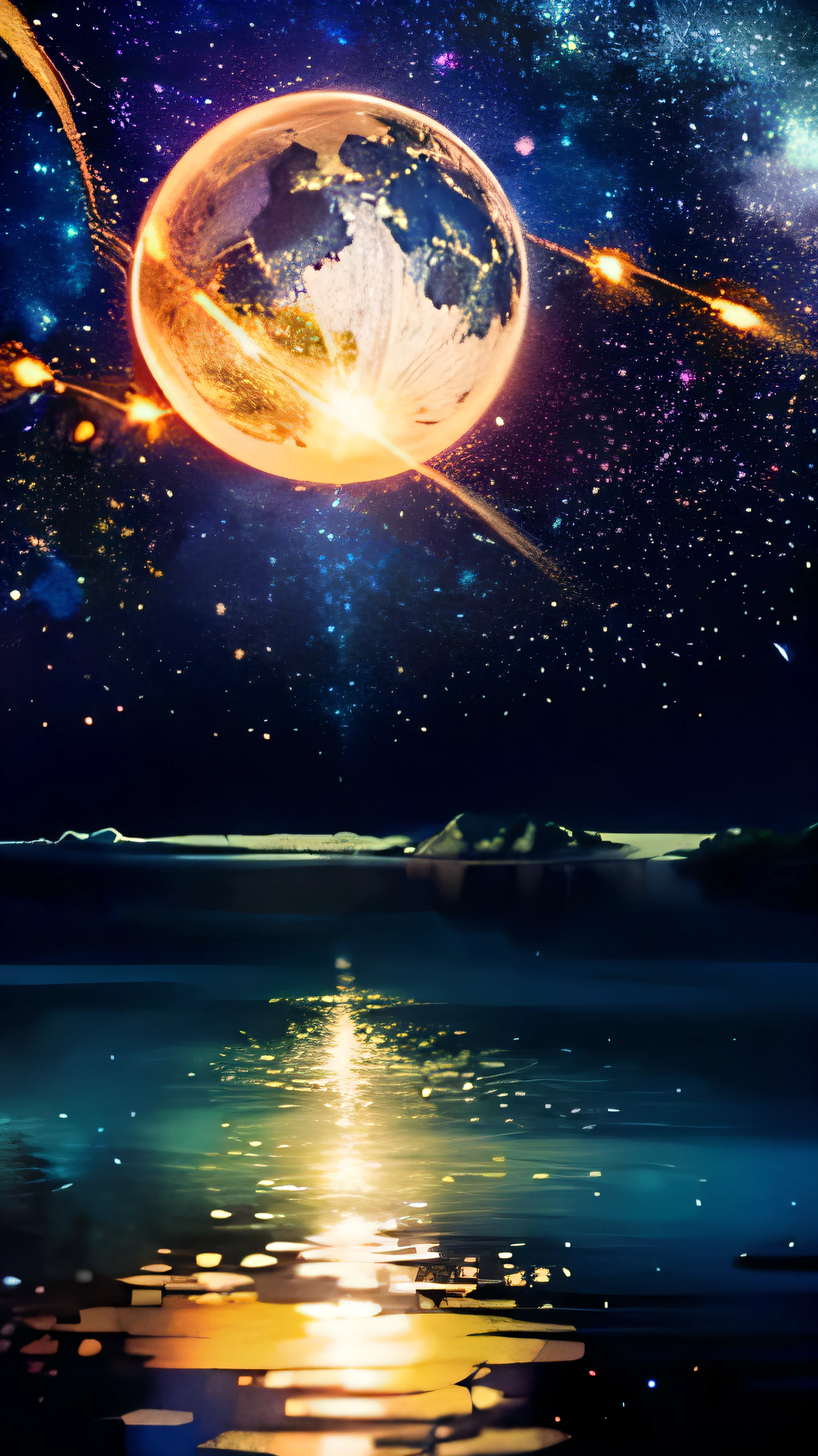 masterpiece, masterpiece, Super detailed, meteor, comet, moon, starry sky, lake reflection, a dream-like scene, Colorful Trees々々々, anime CG, Exquisite images,Mysterious