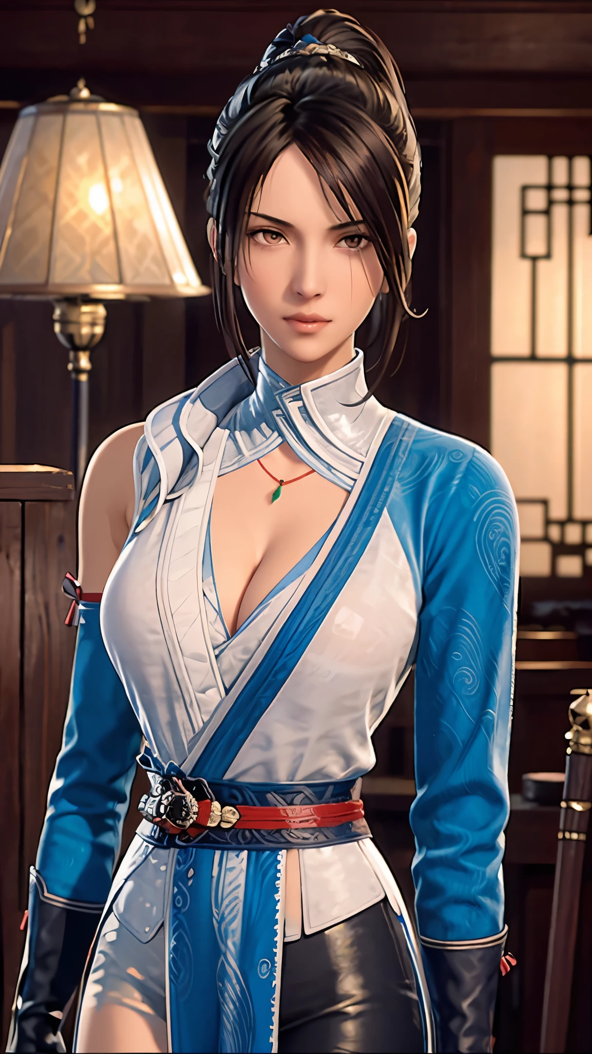 （（（完美figure，figure，chinese clothes， （（（long hair，ponytail，））），S型figure:1.7））），((masterpiece)),high resolution, ((Best quality at best))，masterpiece，quality，Best quality，（（（ Exquisite facial features，looking at the audience,There is light in the eyes，Happy，lol））），（（（Interlacing of light and shadow，huge ））），（（（looking into camera，）））