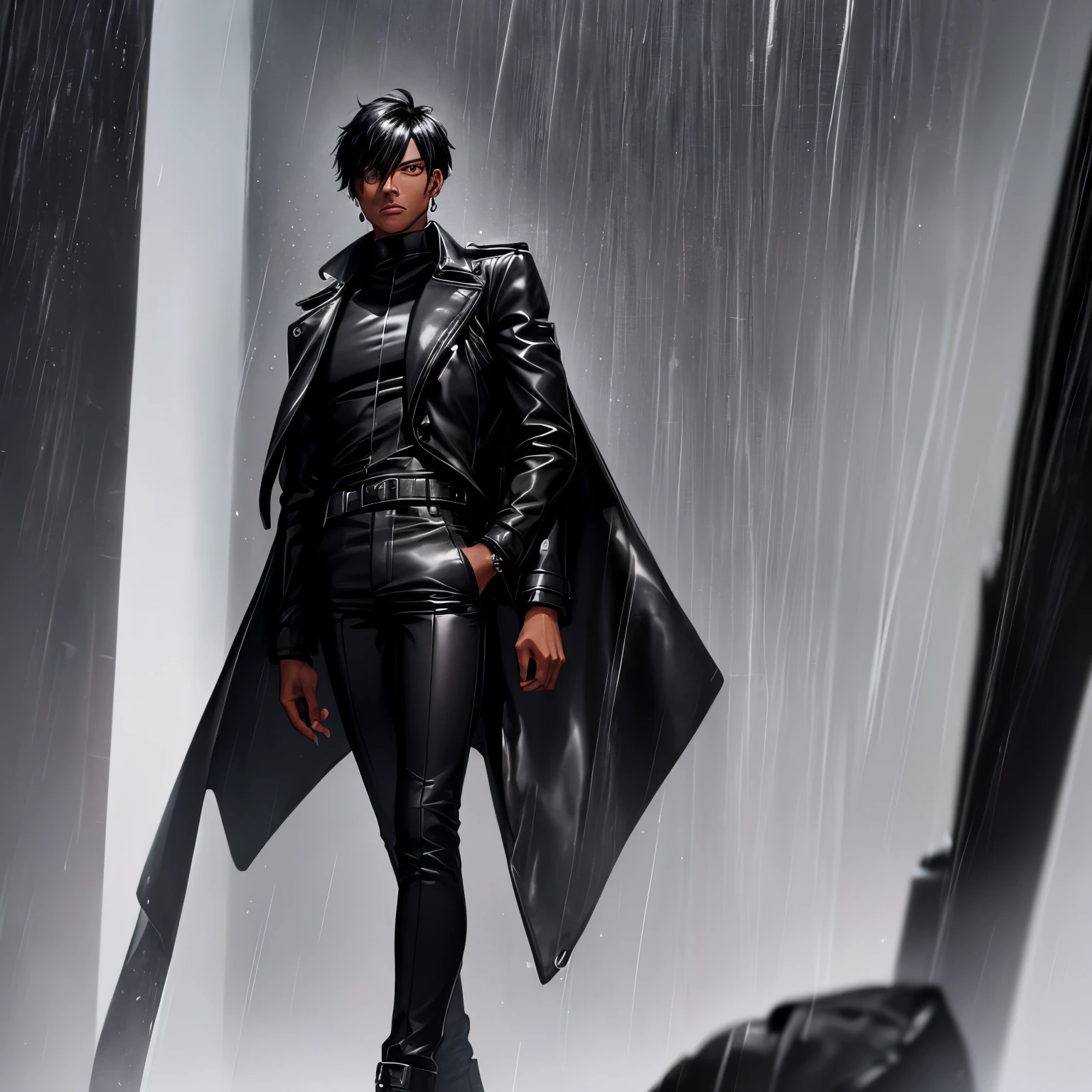 1man, (((male))), (((youthful, age 27))), (((short black hair))), (((dark-skinned))), (((serious))), (((black leather coat))), (((black high-neck top))), (((black trousers))), (((black high-heel boots))), (((black earrings))), (((black and grey backdrop))), (((raining)))