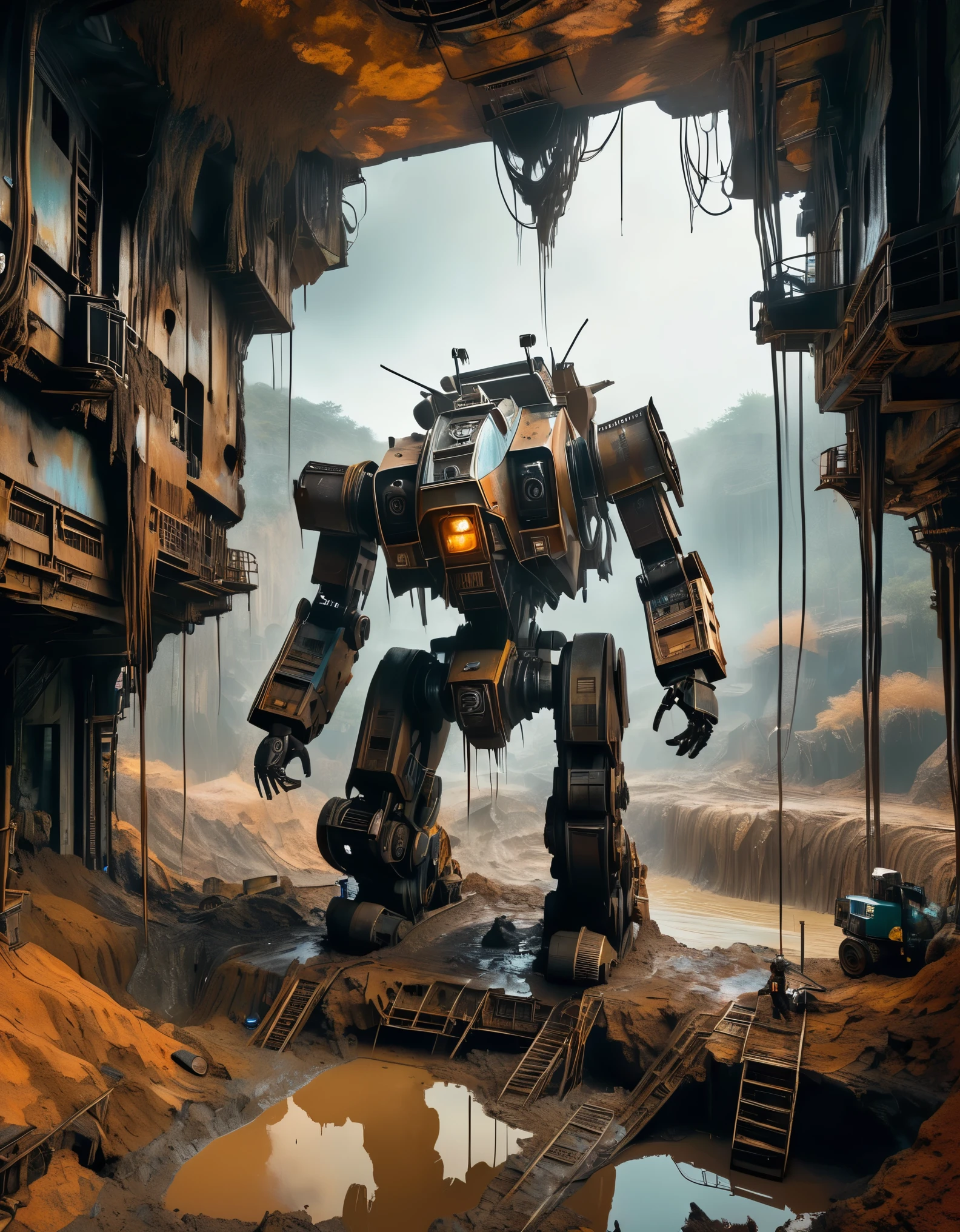 Abandoned mecha in a deep mud pit，3D effect: (a huge paralyzed derelict mech being dragged out of a huge super deep pit by workers), this derelict mech is covered in rust and mud, wrecked body, super crowd standing on top of the pit, shocked expressions, mud, debris flow, wrecked, derelict, background: archaeological deep pit of dead branches and decaying leaves, dripping paint, matte painting, sci-fi, fever dream, impossible, post cyberpunk Ice Age, image from Peter Jackson's work, image from Wong Kar Wai's work, image from Emanuel Lubezki's work, Edward S. Curtis, intense atmosphere, high detail, high quality, high resolution, surrealism, high definition, 16K, depth of field (dof), bird's-eye view, ambient lighting, vintage, cyber gothic.