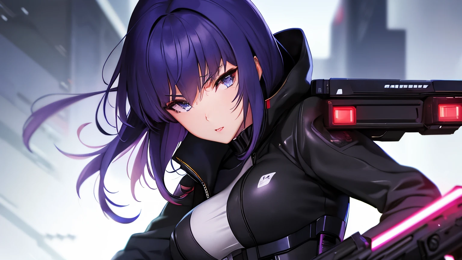 a close-up of a person in a suit with a gun, cyberpunk anime girl mech, female cyberpunk anime girl, cyberpunk anime girl, modern cyberpunk anime, digital cyberpunk anime art, motoko kusanagi, cyborg girl, anime cyberpunk art, cyborg - girl, ghost in the shell art style, 4k, digital cyberpunk - anime art, ager, night city