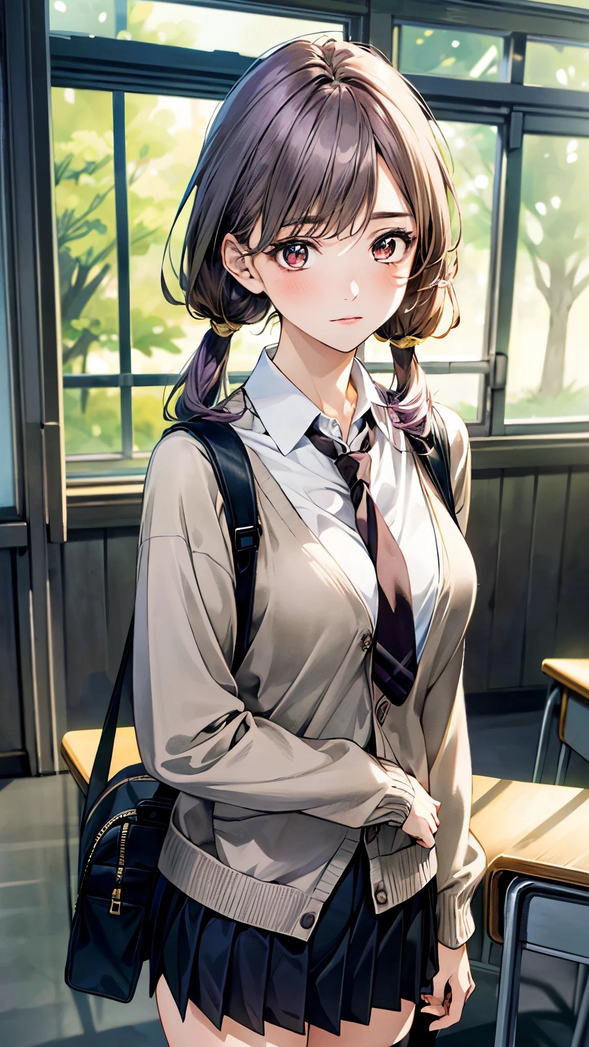 (masterpiece:1.2, top-quality, ultra high res, ultra detailed), (realistic, photorealistic:1.4), beautiful illustration, (natural side lighting, movie lighting), 
looking at viewer, full body, 1 girl, japanese, high school girl, perfect face, (perfect anatomy), cute and symmetrical face, baby face, shiny skin, slender, 
(long hair:1.5, low twintails:1.5, light purple hair), swept bangs, gold eyes, drooping eyes, big eyes, long eye lasher, (medium breasts), 
beautiful hair, beautiful face, beautiful detailed eyes, beautiful clavicle, beautiful body, beautiful chest, beautiful thigh, beautiful legs, beautiful fingers, 
((detailed cloth texture, long sleeves light brown cardigan:1.4, light grey pleated skirt, white collared shirt), dark red tie, white thigh-high), navy school bag, 
(beautiful scenery), day time, (school classroom), standing, (neutral, closed mouth), 