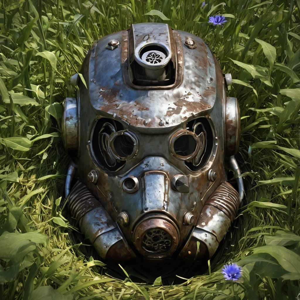 High Resolution, High Quality, Masterpiece. broken Rusty Steel Brotherhood power armor mask from "Fallout, " It is covered with earth , broken with a pierced eyecup, embedded in tall grass, Almost hidden in the grass, overgrown with bindweed. A cornflower flower grew through the hole. butterflies and flies. entwined by bindweed, cornflower sprouting through the hole, text "game over" floating above, hyper-detailed, 32k resolution, digital painting, ultra-fine details.