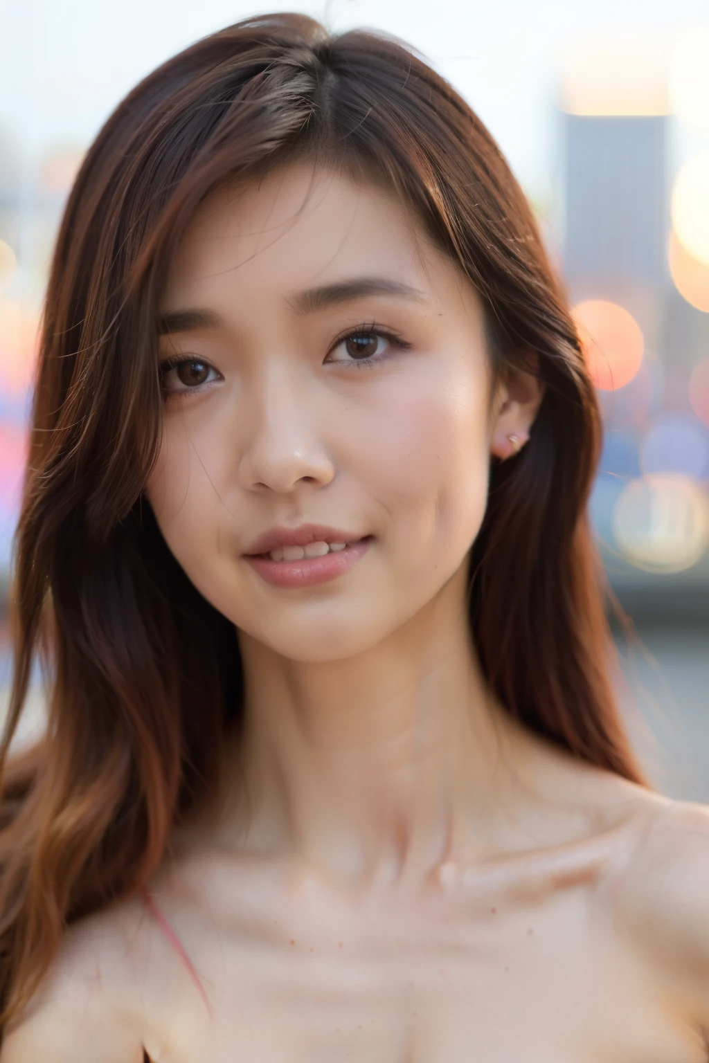 ((Best quality, 8k, Masterpiece :1.3)), 1girl, smiling, full body, slim face, Pretty woman, (Dark brown hair), no clothing, NSFW, 1Nude :1.1, Ultra-detailed face, Detailed eyes, Double eyelid,  blur background, slim face, city, outside, street,