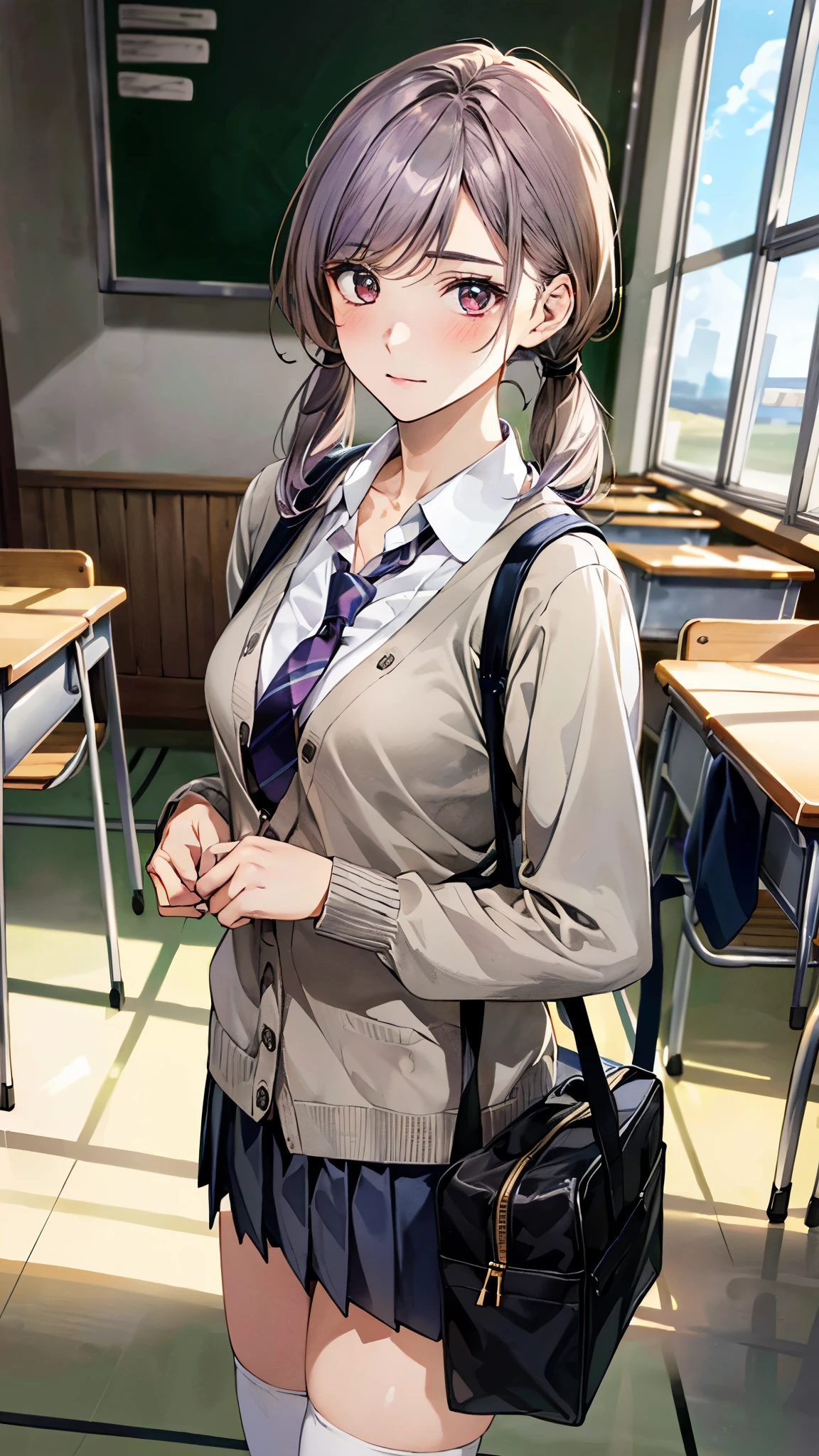 (masterpiece:1.2, top-quality, ultra high res, ultra detailed), (realistic, photorealistic:1.4), beautiful illustration, (natural side lighting, movie lighting), 
looking at viewer, full body, 1 girl, japanese, high school girl, perfect face, (perfect anatomy), cute and symmetrical face, baby face, shiny skin, slender, 
(long hair:1.5, low twintails:1.5, light purple hair), swept bangs, gold eyes, drooping eyes, big eyes, long eye lasher, (medium breasts), 
beautiful hair, beautiful face, beautiful detailed eyes, beautiful clavicle, beautiful body, beautiful chest, beautiful thigh, beautiful legs, beautiful fingers, 
((detailed cloth texture, long sleeves light brown cardigan:1.4, light grey pleated skirt, white collared shirt), dark red tie, white thigh-high), navy school bag, 
(beautiful scenery), day time, (school classroom), standing, (neutral, closed mouth), 